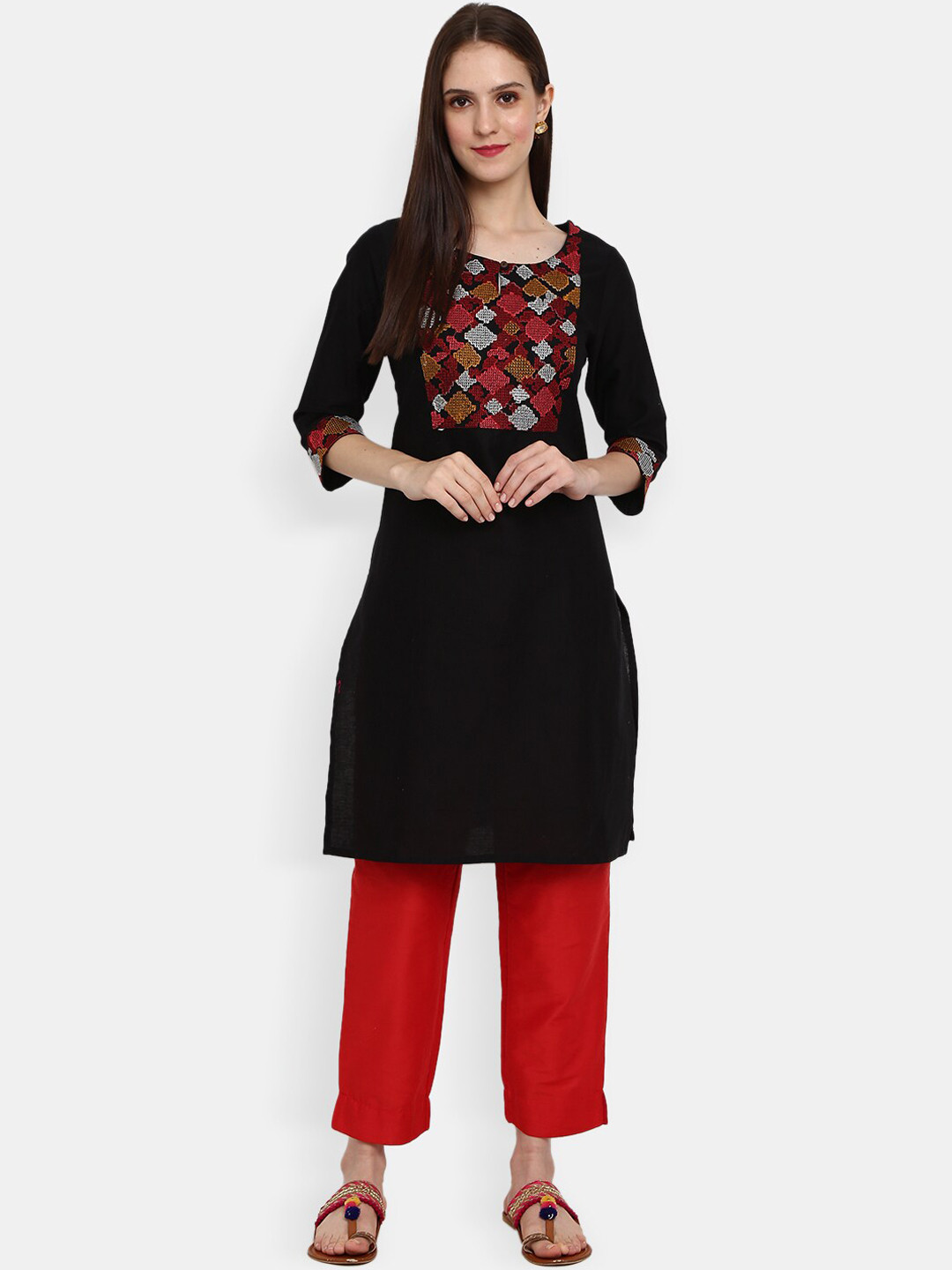 

V-Mart Women Black & french middle red purple Geometric Yoke Design Keyhole Neck Thread Work Kurta