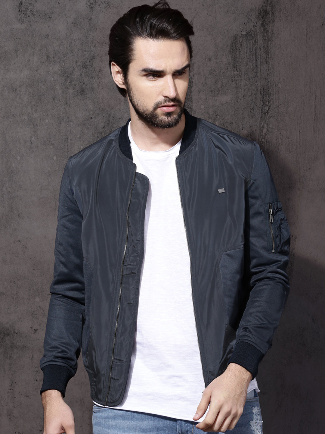 

Roadster Men Navy Blue Solid Bomber