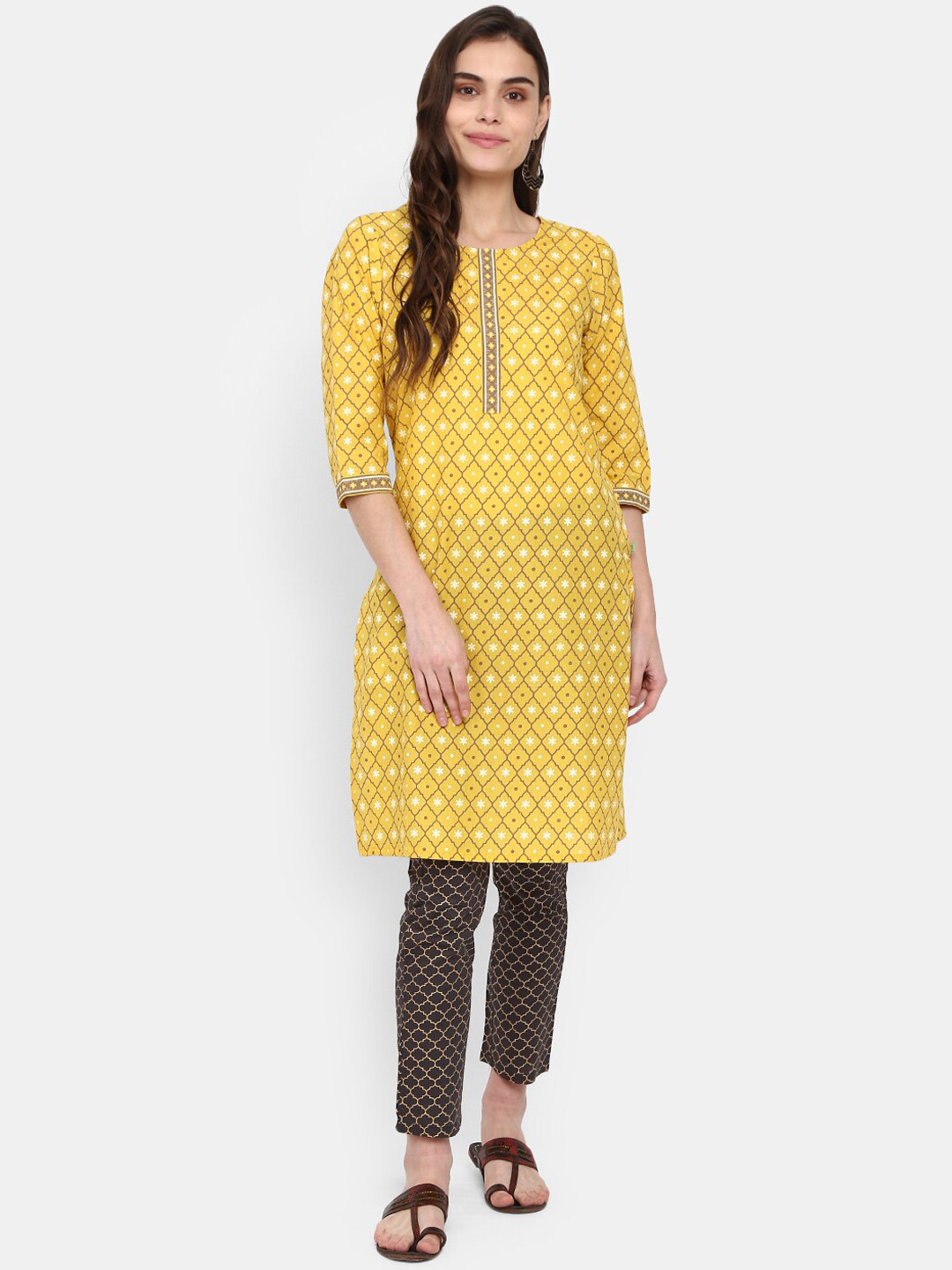 

V-Mart Women Mustard Yellow Quirky Printed Mirror Work Kurta