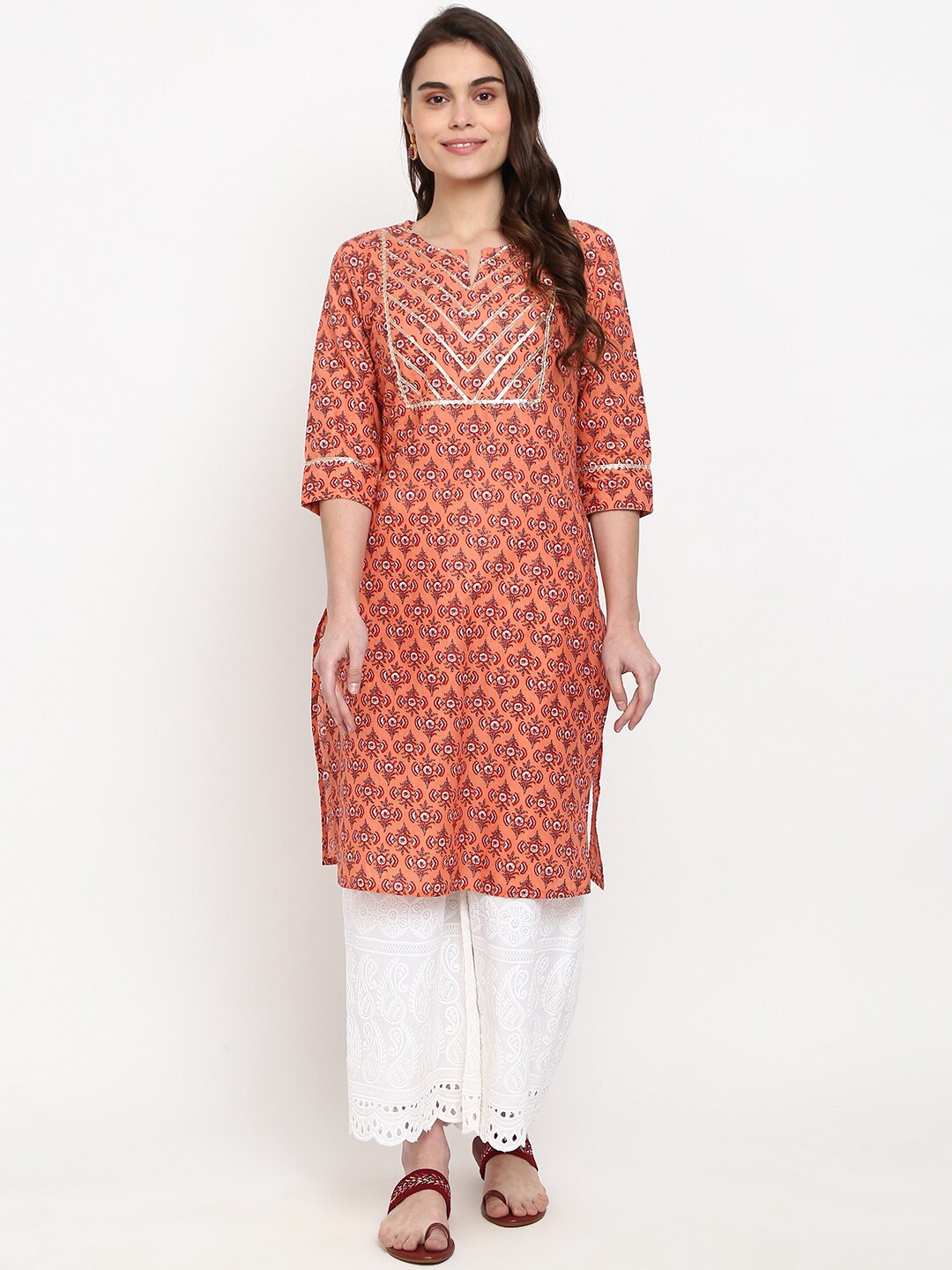 

V-Mart Women Peach-Coloured & russet Geometric Printed Thread Work Kurta