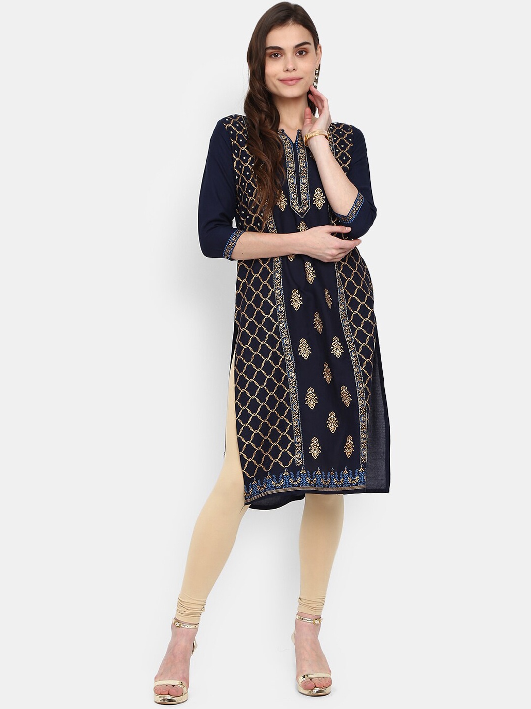 

V-Mart Women Navy Blue & french middle red purple Ethnic Motifs Keyhole Neck Kurta