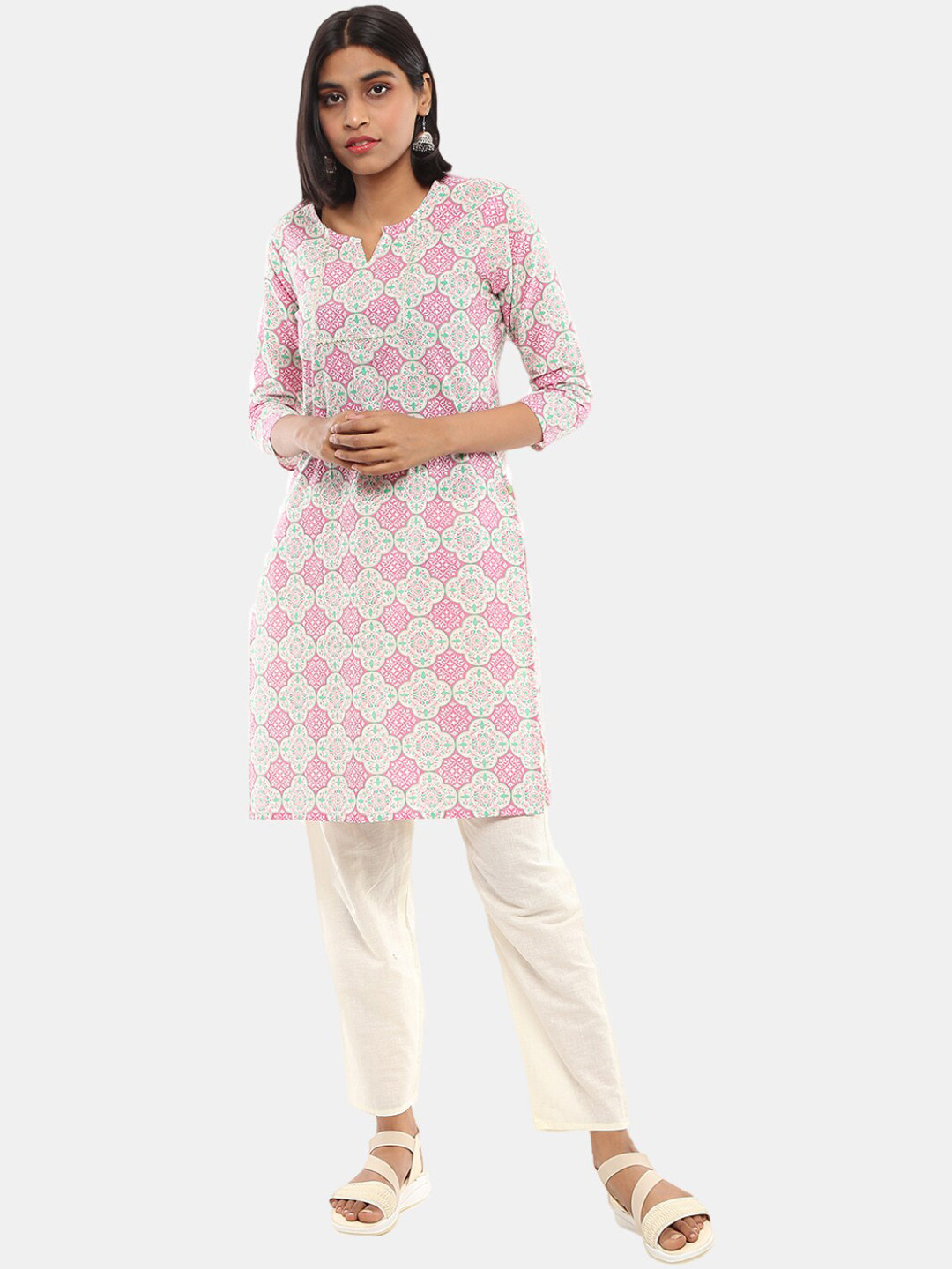 

V-Mart Women Off White & eggnog Floral Printed Keyhole Neck Chikankari Kurta