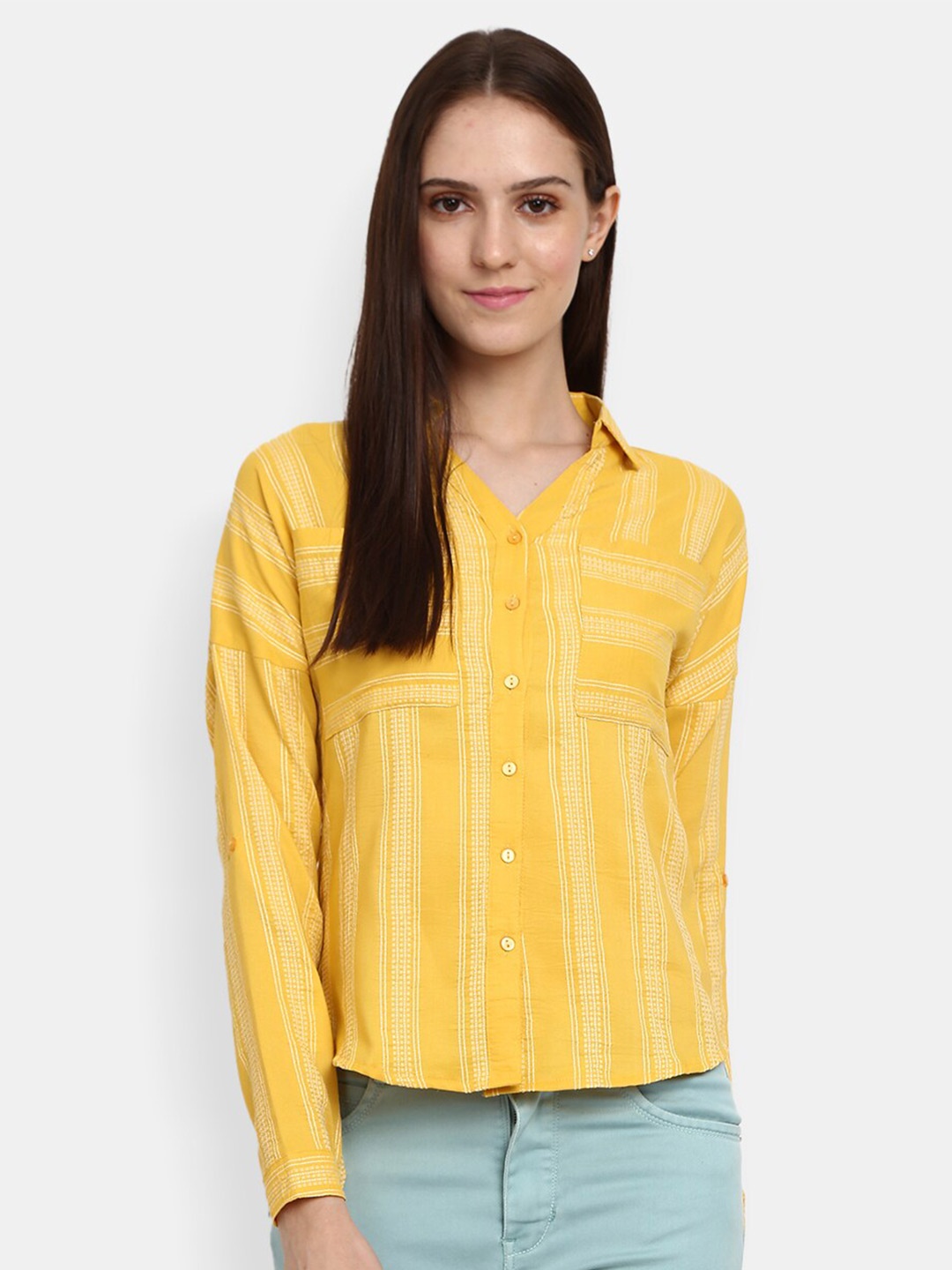 

V-Mart Women Mustard Striped Casual Shirt