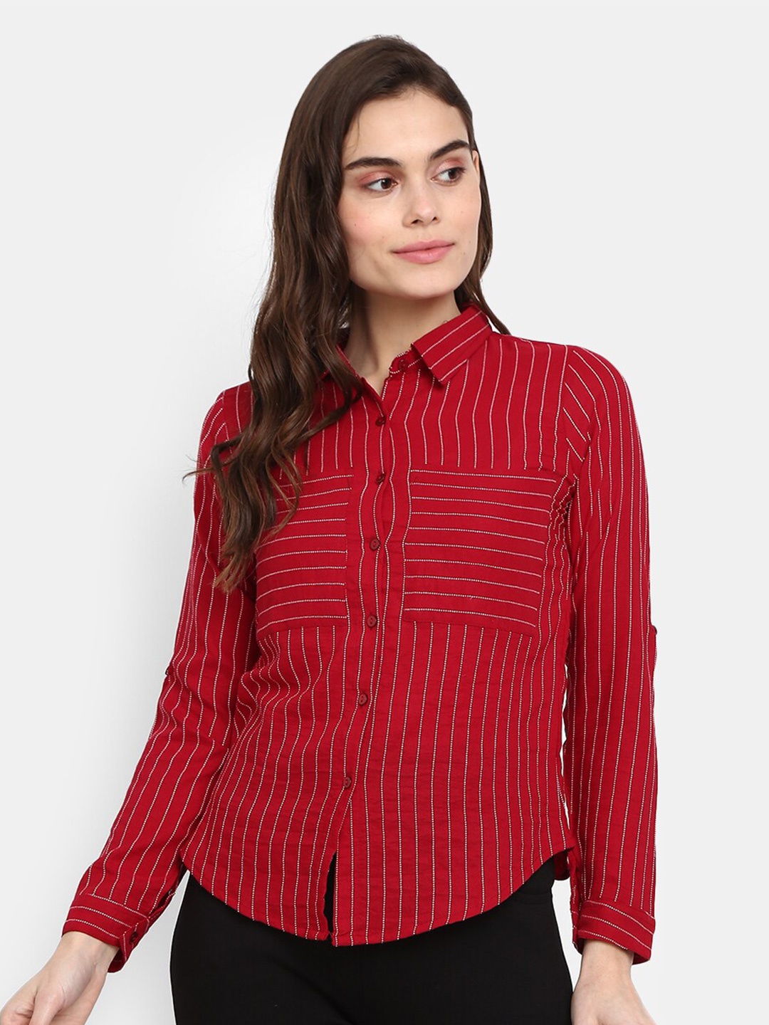 

V-Mart Women Maroon Striped Casual Shirt