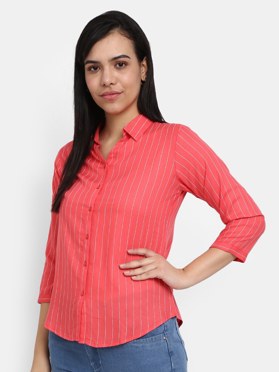 

V-Mart Women Pink Striped Casual Shirt