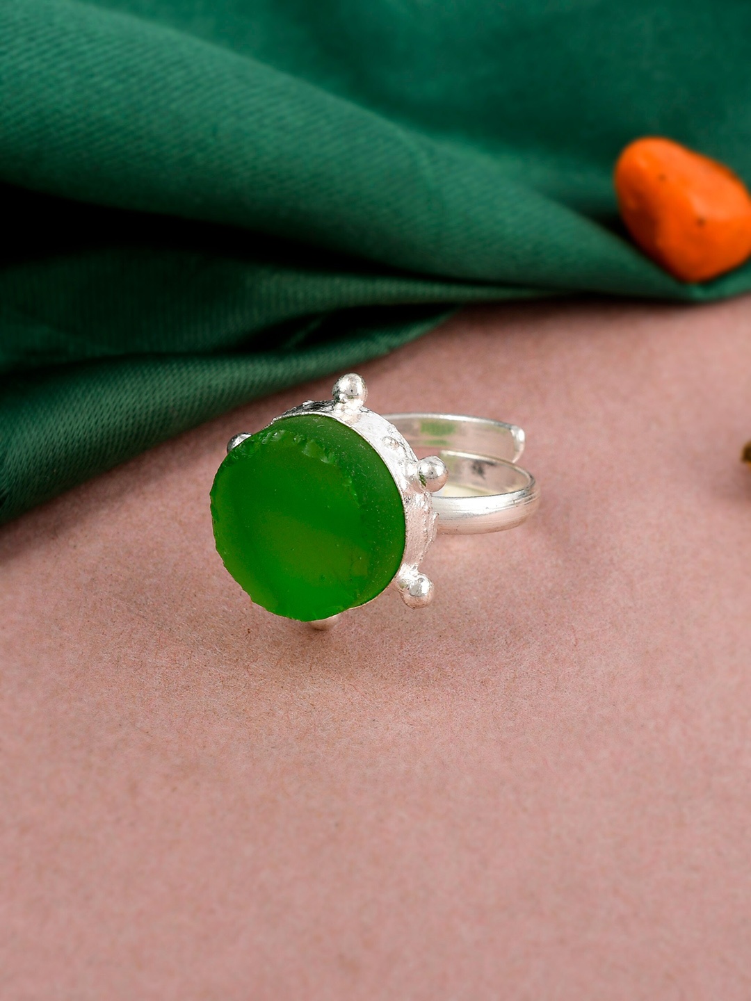 

Silvermerc Designs Silver-Plated Green Stone Studded Adjustable Finger Ring