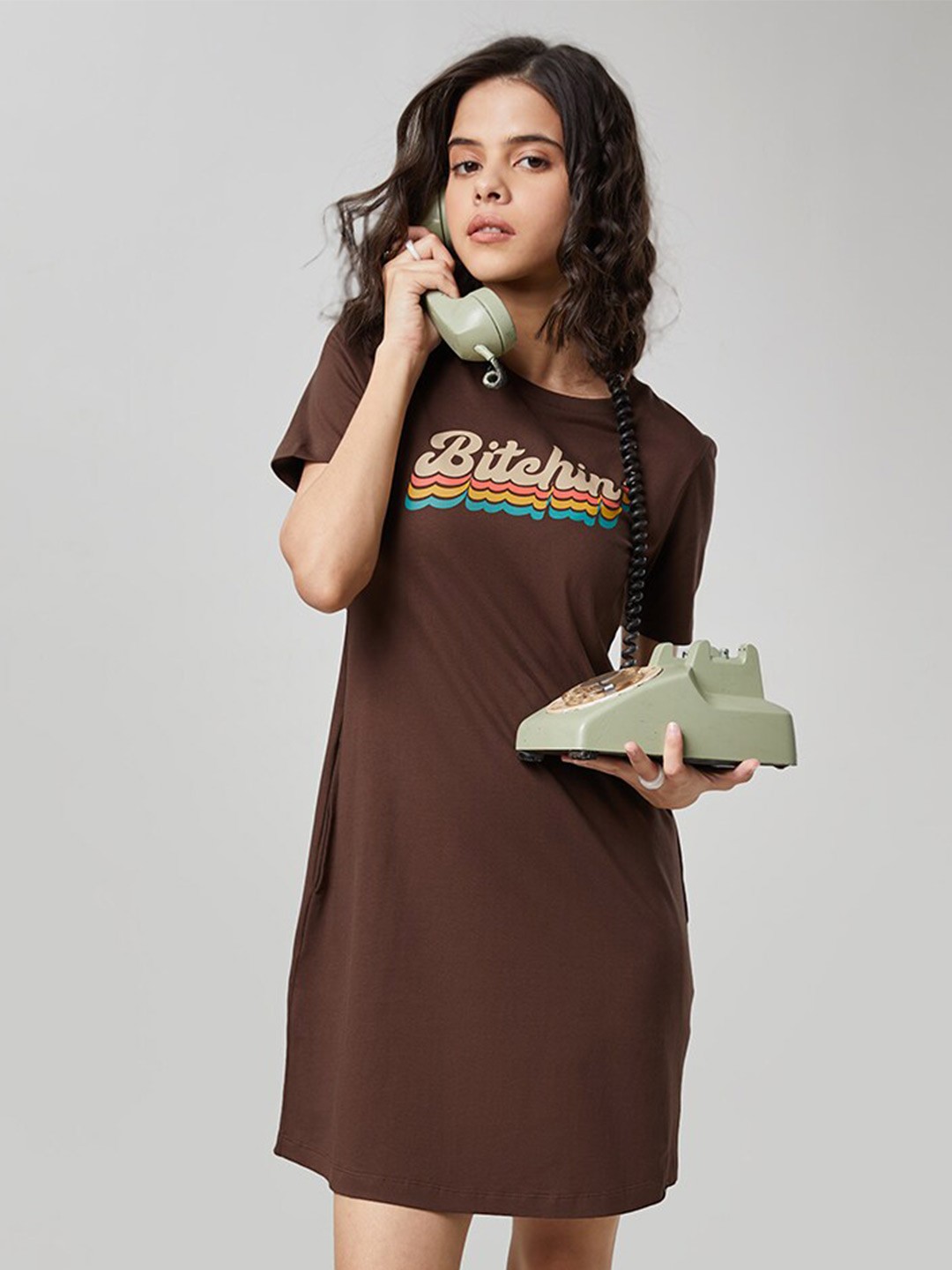 

The Souled Store Brown & mole Embellished A-Line Dress