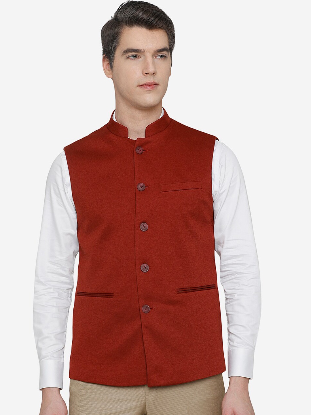 

JB STUDIO Men Maroon Solid Nehru Jacket