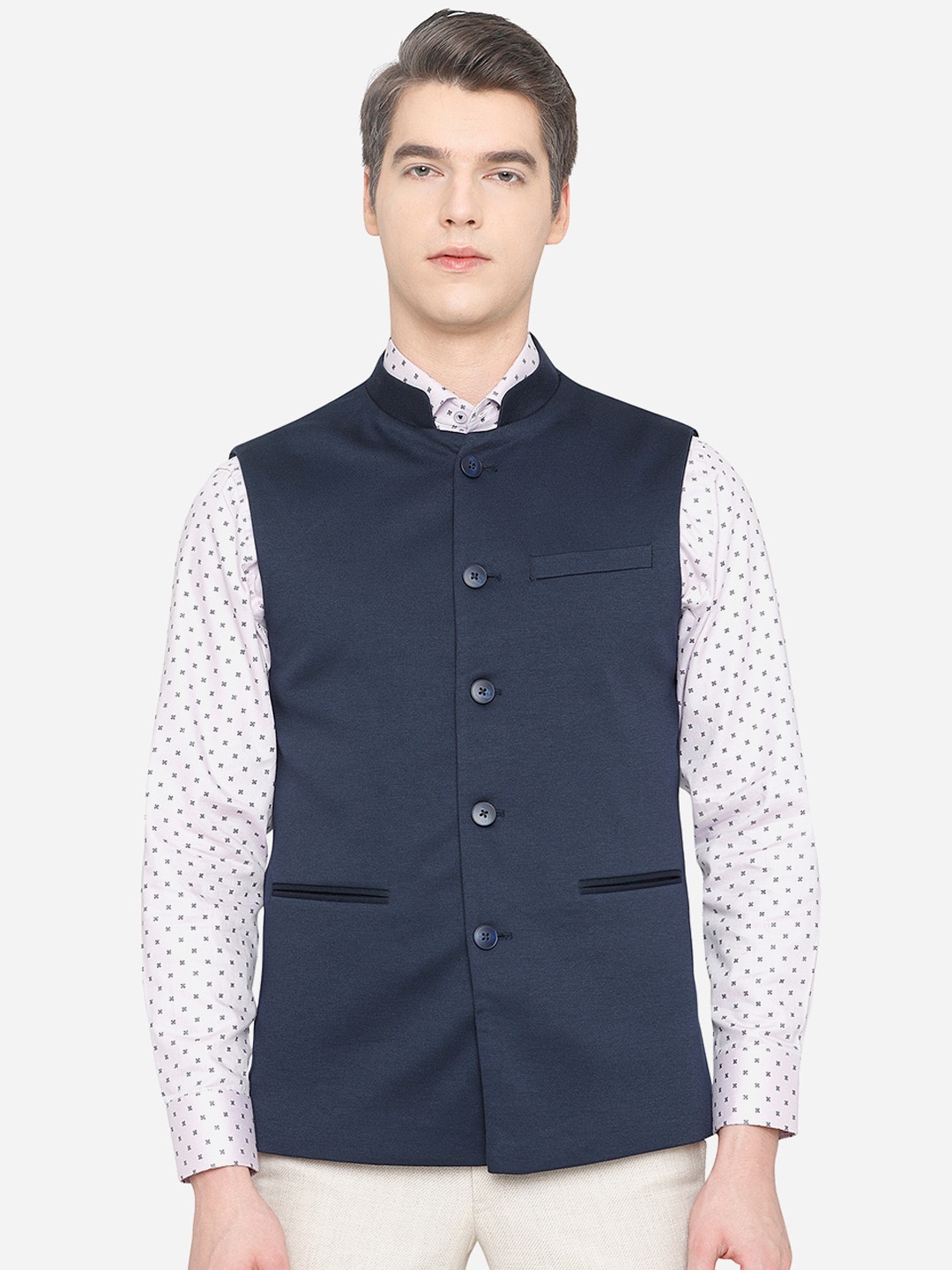 

JB STUDIO Men Navy Blue Solid Bandhgala Nehru Jackets