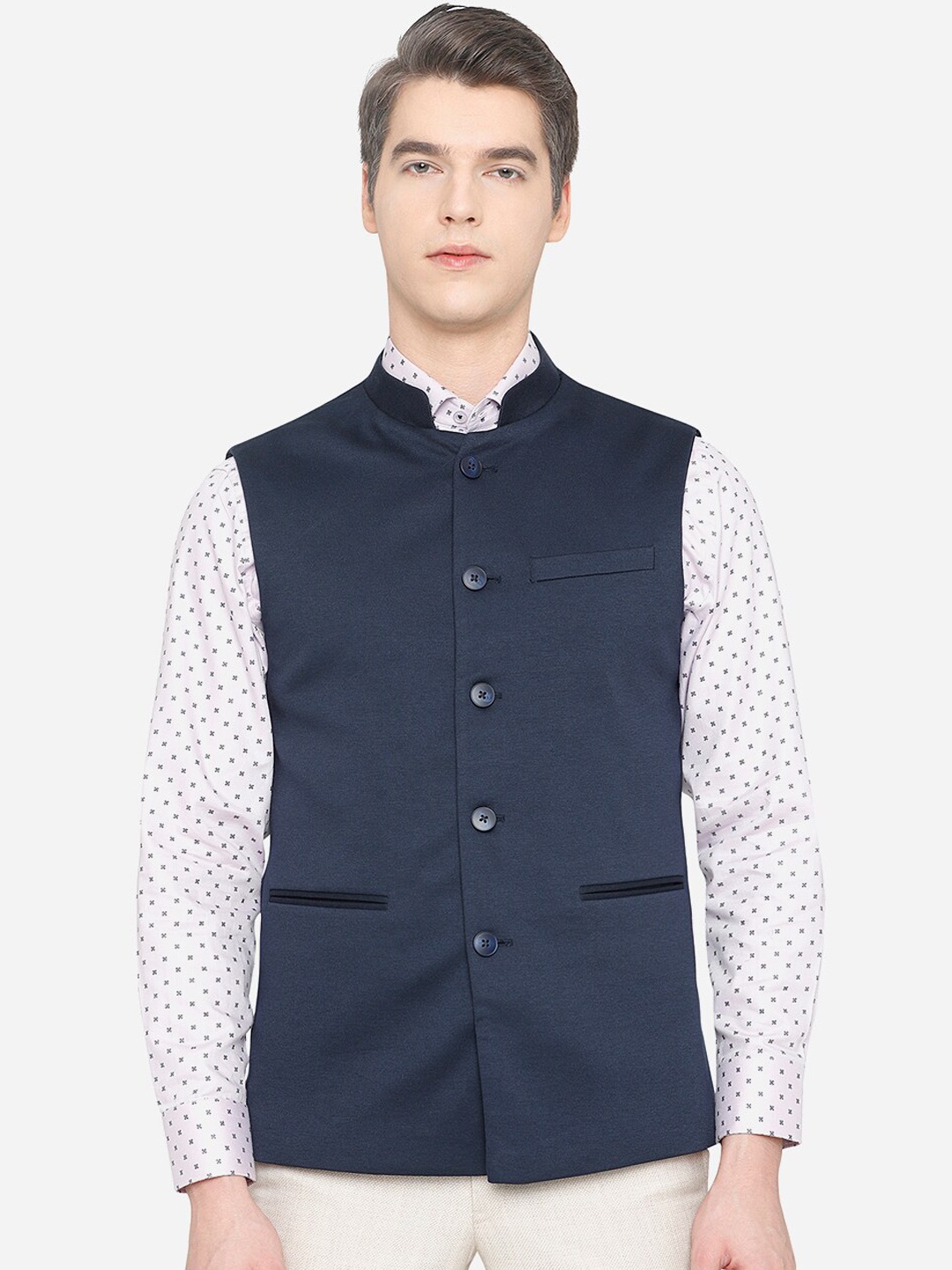 

JB STUDIO Men Navy-Blue Solid Woven Nehru Jacket