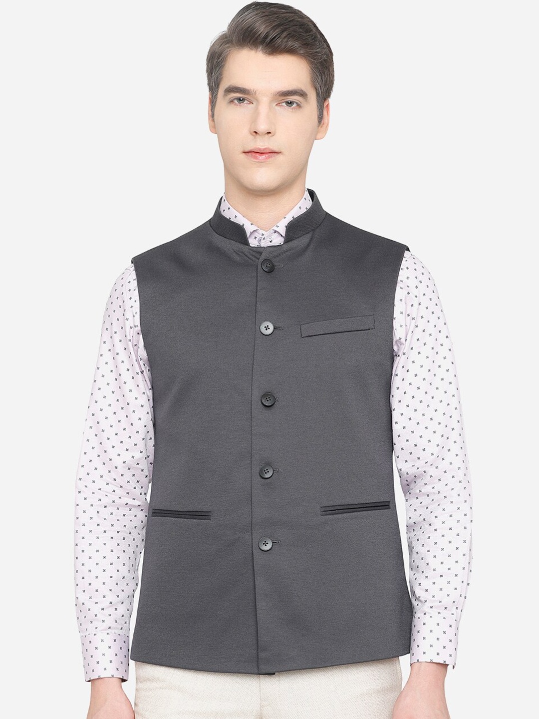 

JB STUDIO Men Grey Solid Woven Nehru Jacket