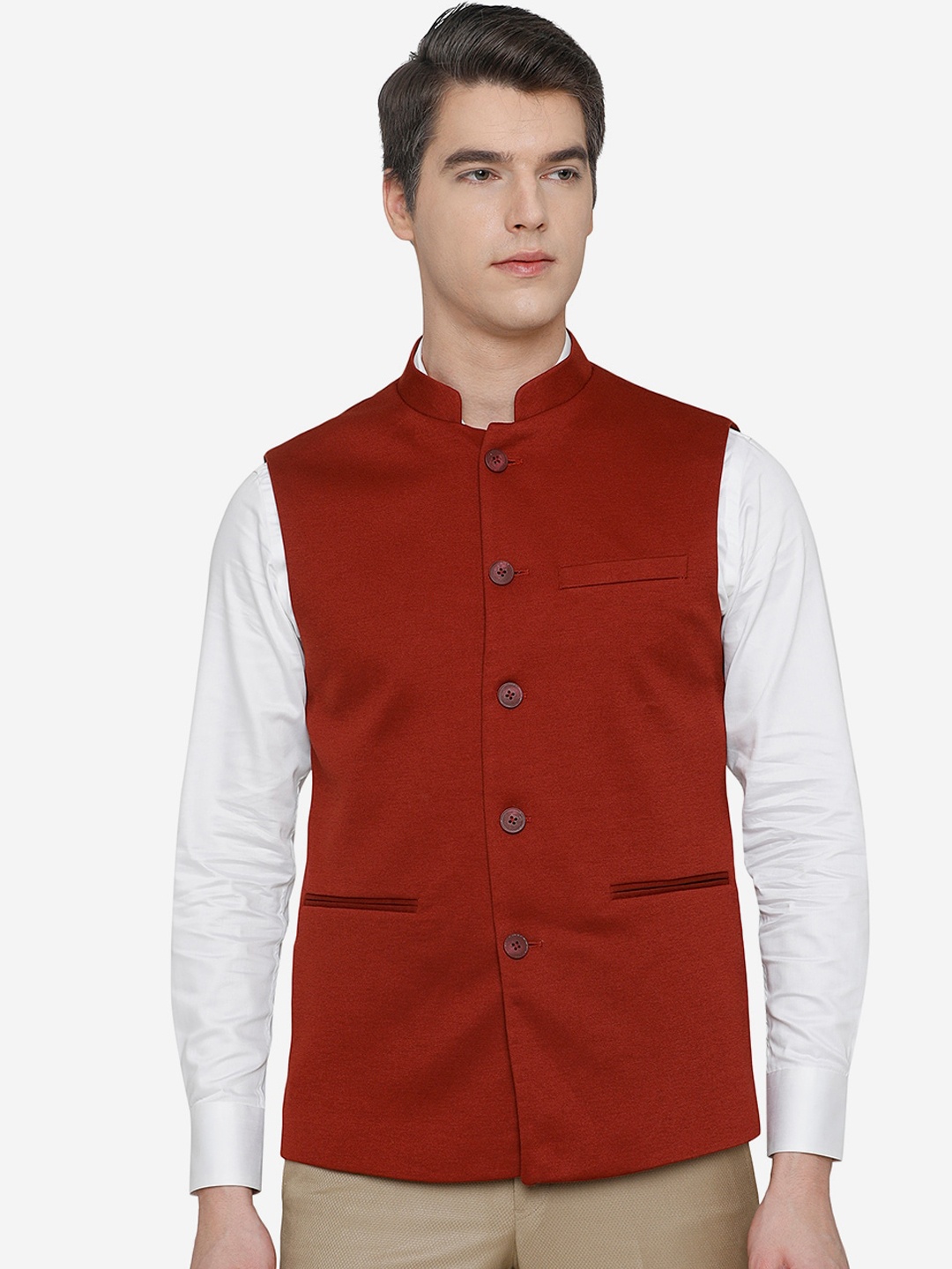 

JB STUDIO Men Maroon Solid Woven Nehru Jacket