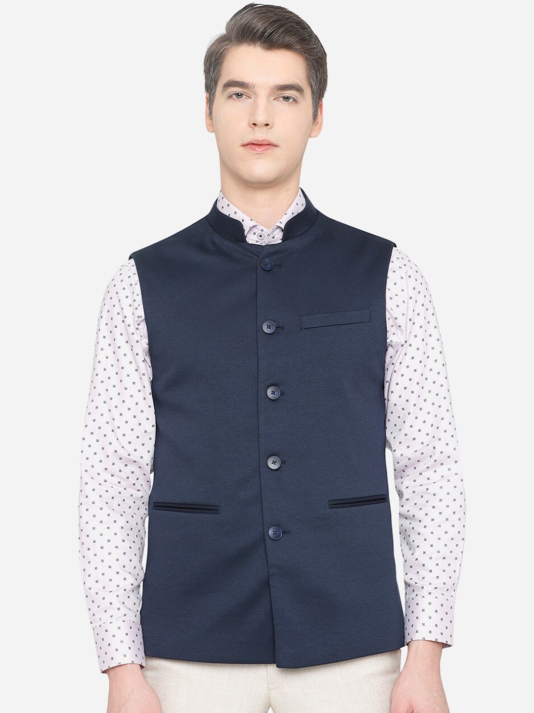 

JB STUDIO Men Navy Blue Solid Bandhgala Nehru Jacket