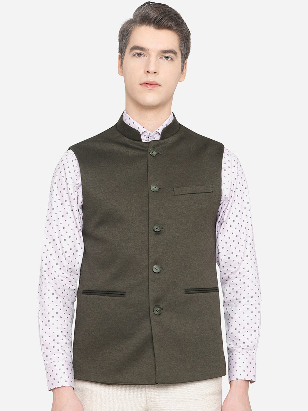 

JB STUDIO Men Green Solid Woven Nehru Jackets
