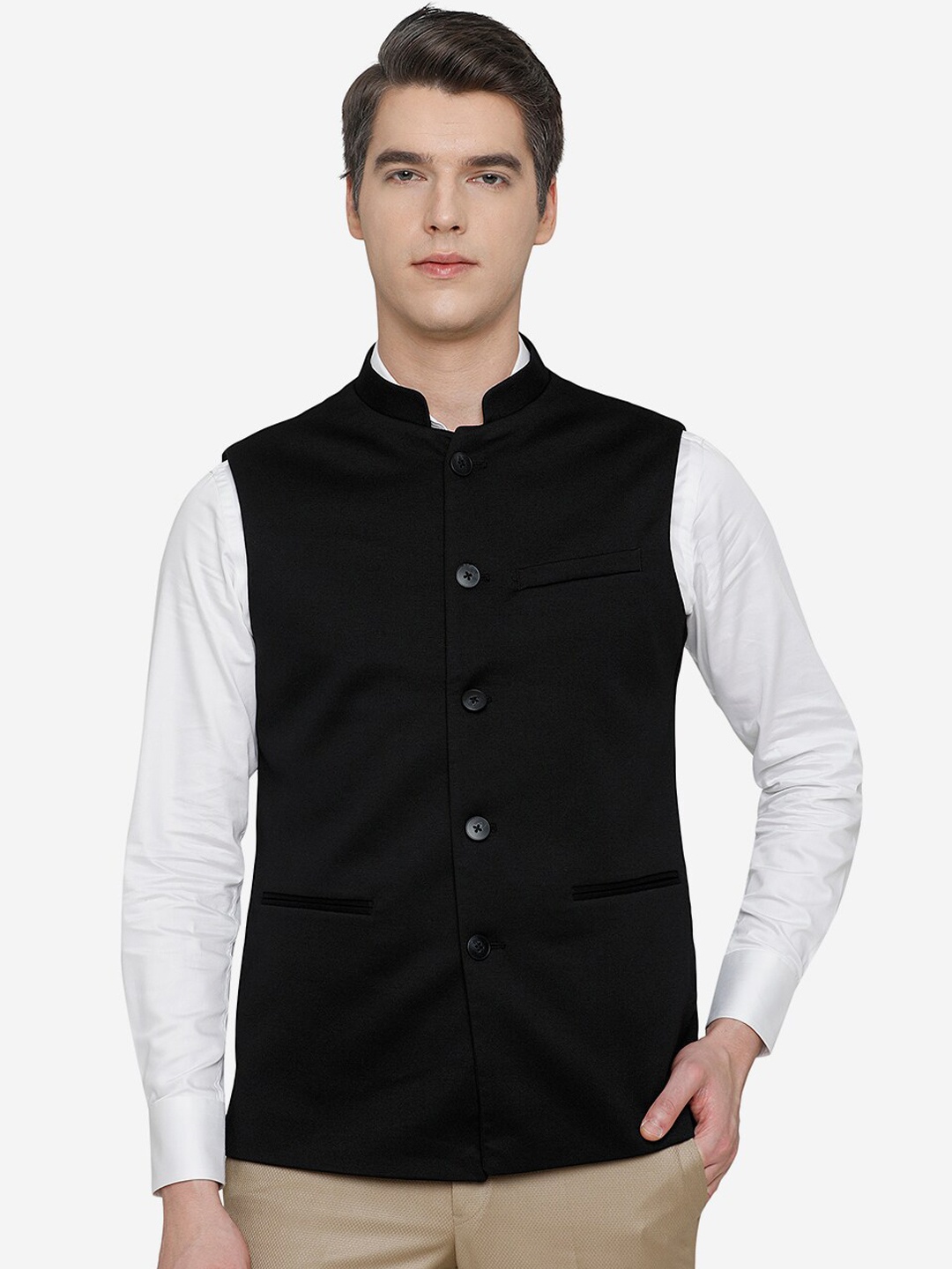 

JB STUDIO Men Black Solid Woven Nehru Jackets