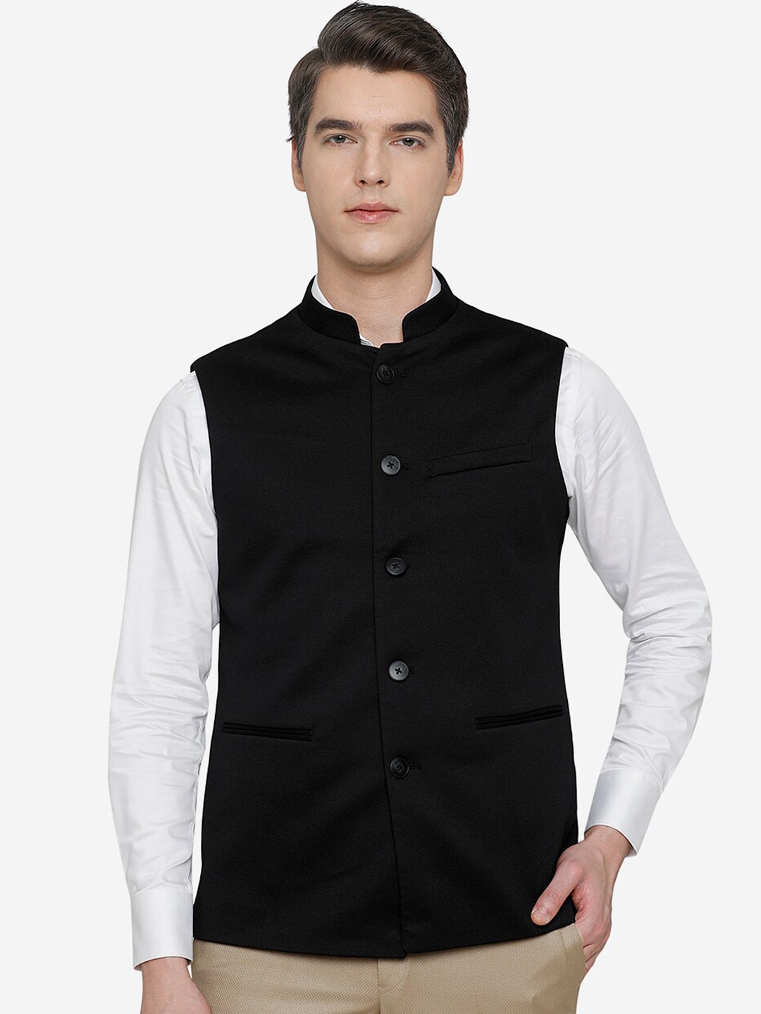 

JB STUDIO Men Black Solid Woven Nehru Jacket