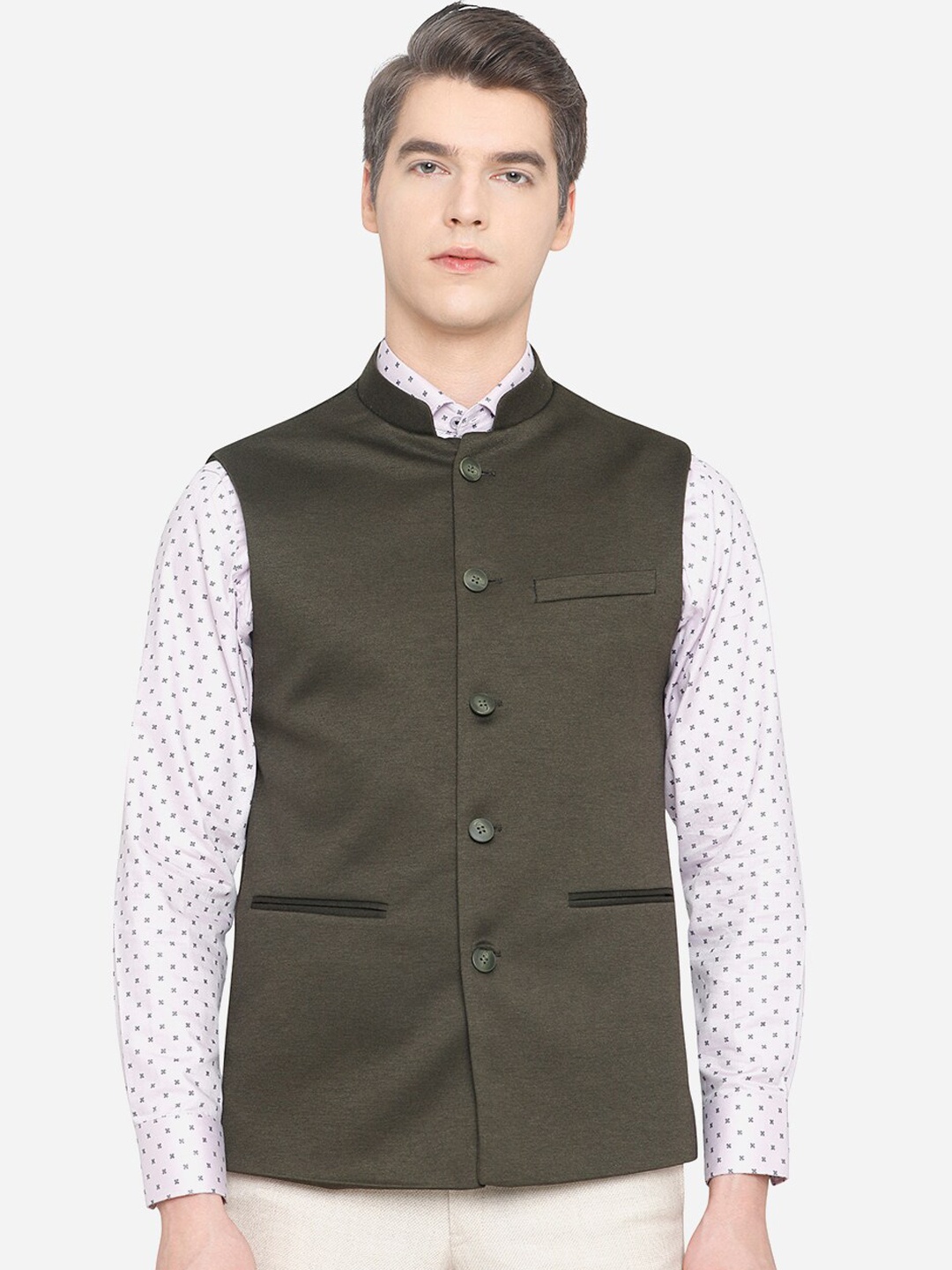 

JB STUDIO Men Green Solid Woven Nehru Jackets