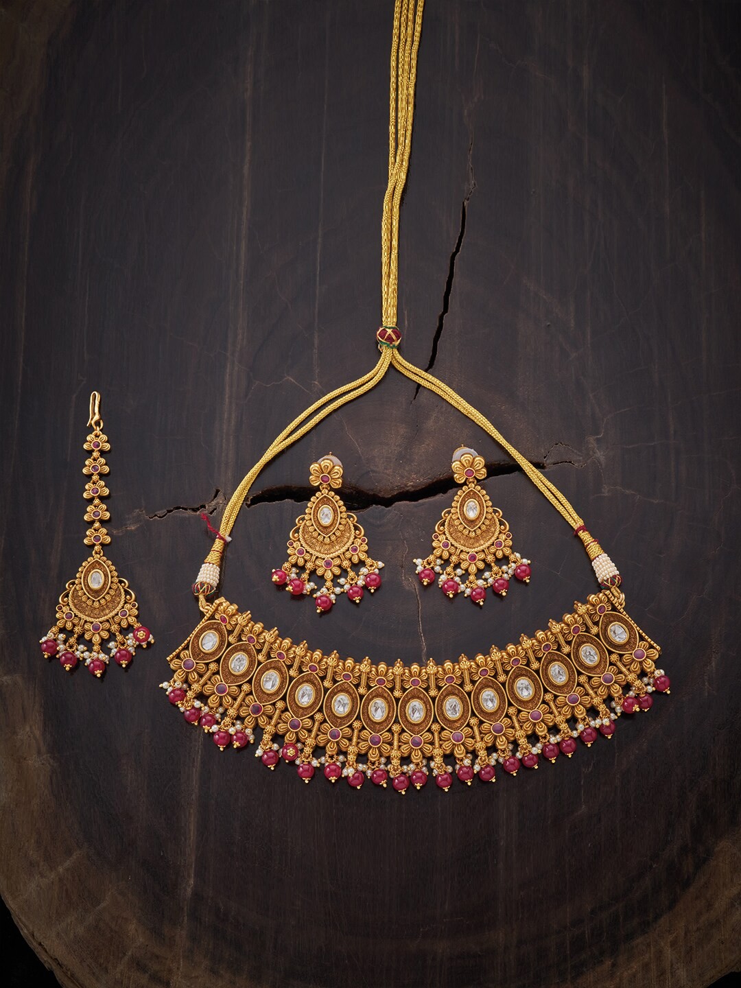 

Kushal's Fashion Jewellery Gold-Toned & Red Gold-Plated Antique Jewellery Set