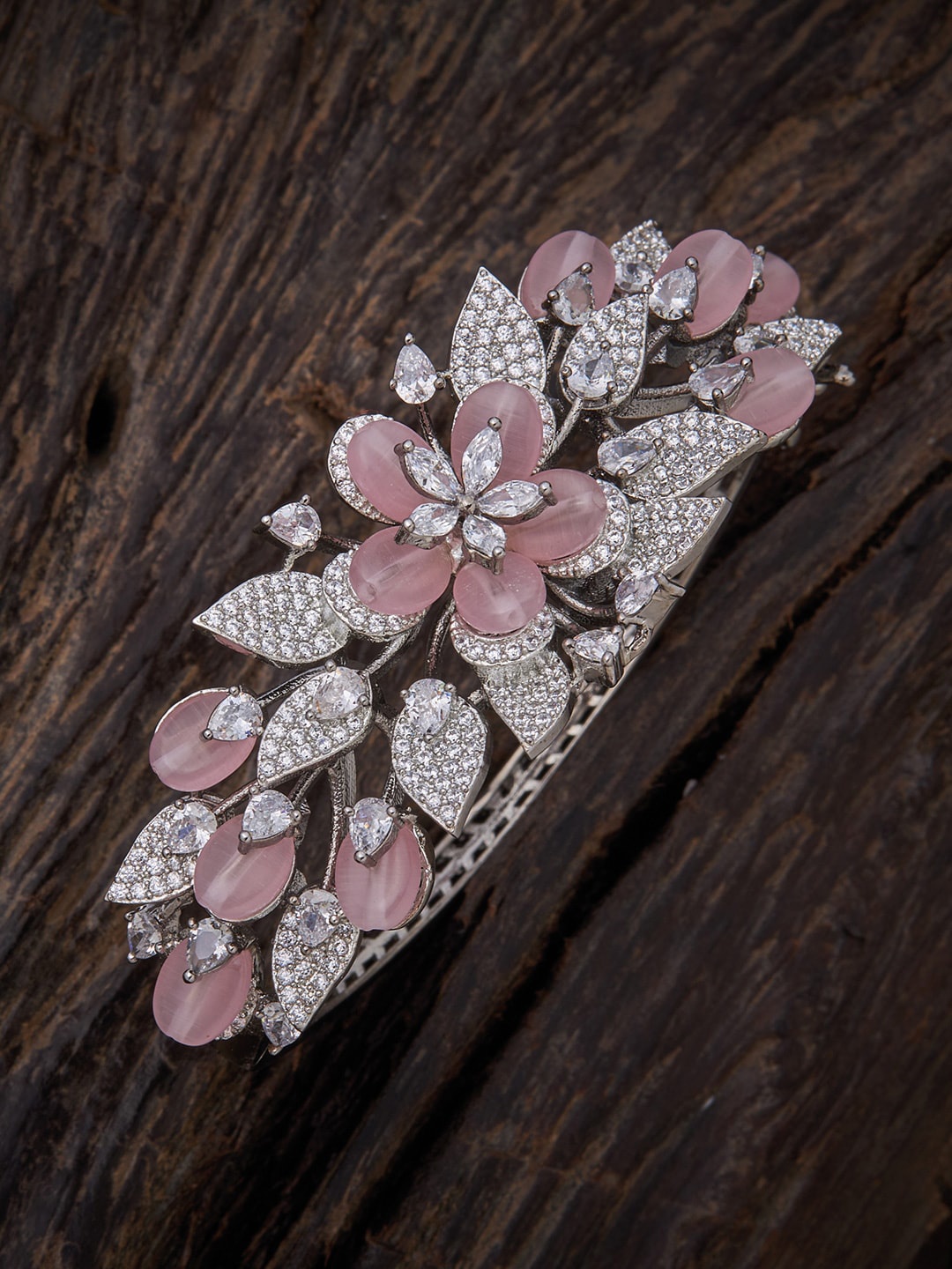 

Kushal's Fashion Jewellery Women Silver-Toned & Pink Cubic Zirconia Kada Bracelet