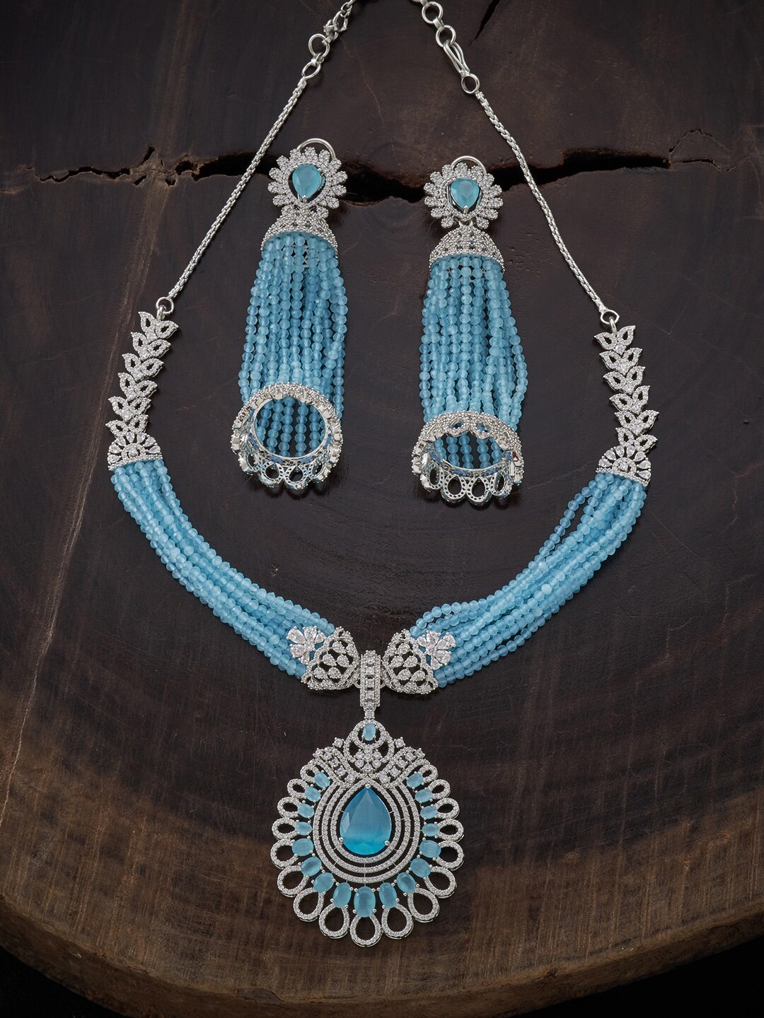

Kushal's Fashion Jewellery Rhodium-Plated Turquoise Blue CZ Studded & Beaded Jewellery Set