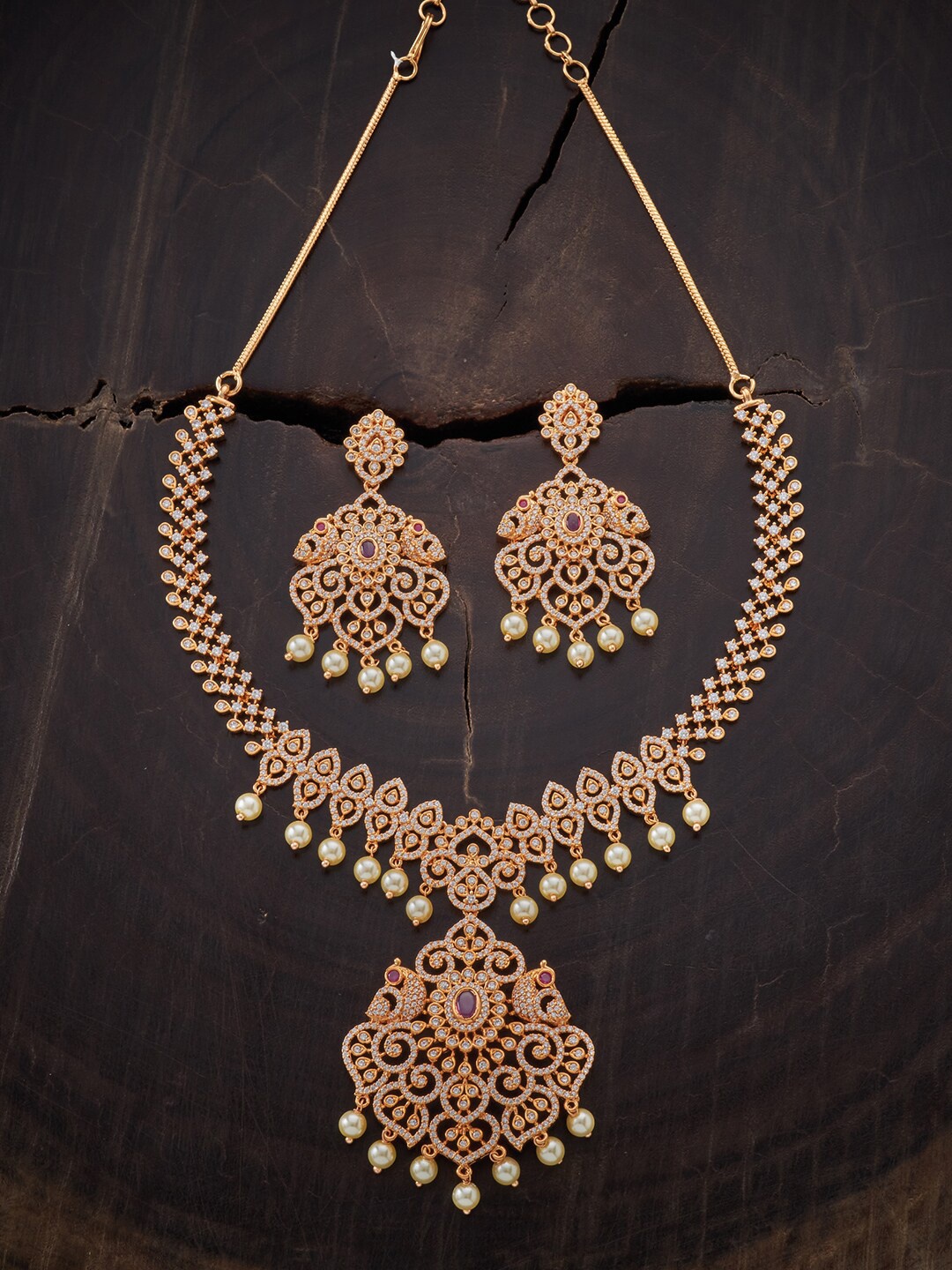 

Kushal's Fashion Jewellery Gold-Plated Red CZ Studded Jewellery Set