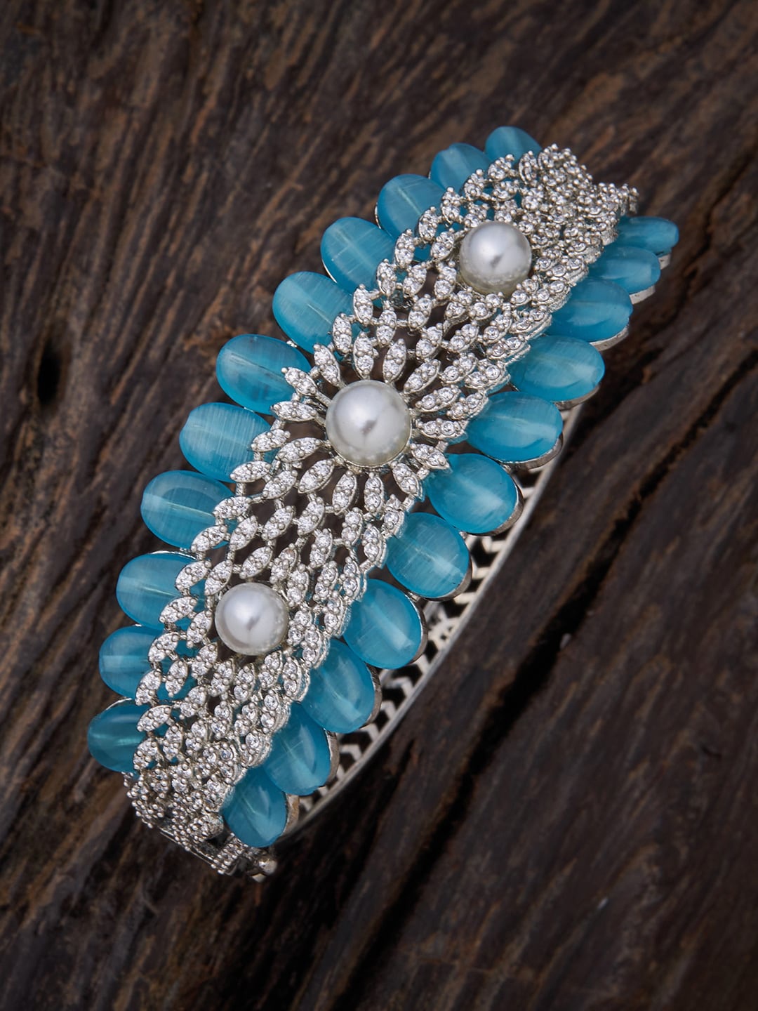 

Kushal's Fashion Jewellery Women Silver-Toned & Blue Cubic Zirconia Kada Bracelet