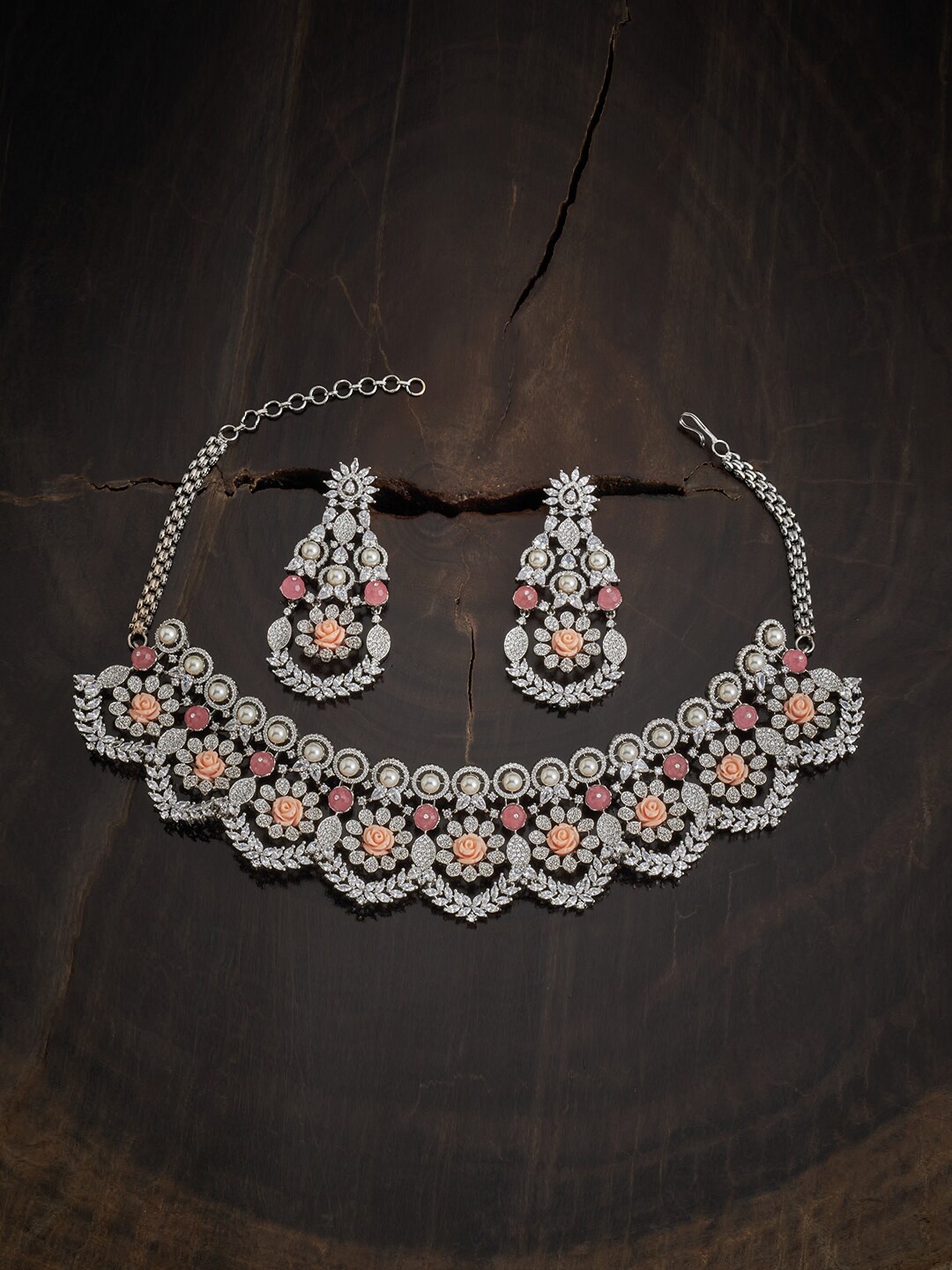

Kushal's Fashion Jewellery Silver Toned Pink Rhodium Plated Necklace Set