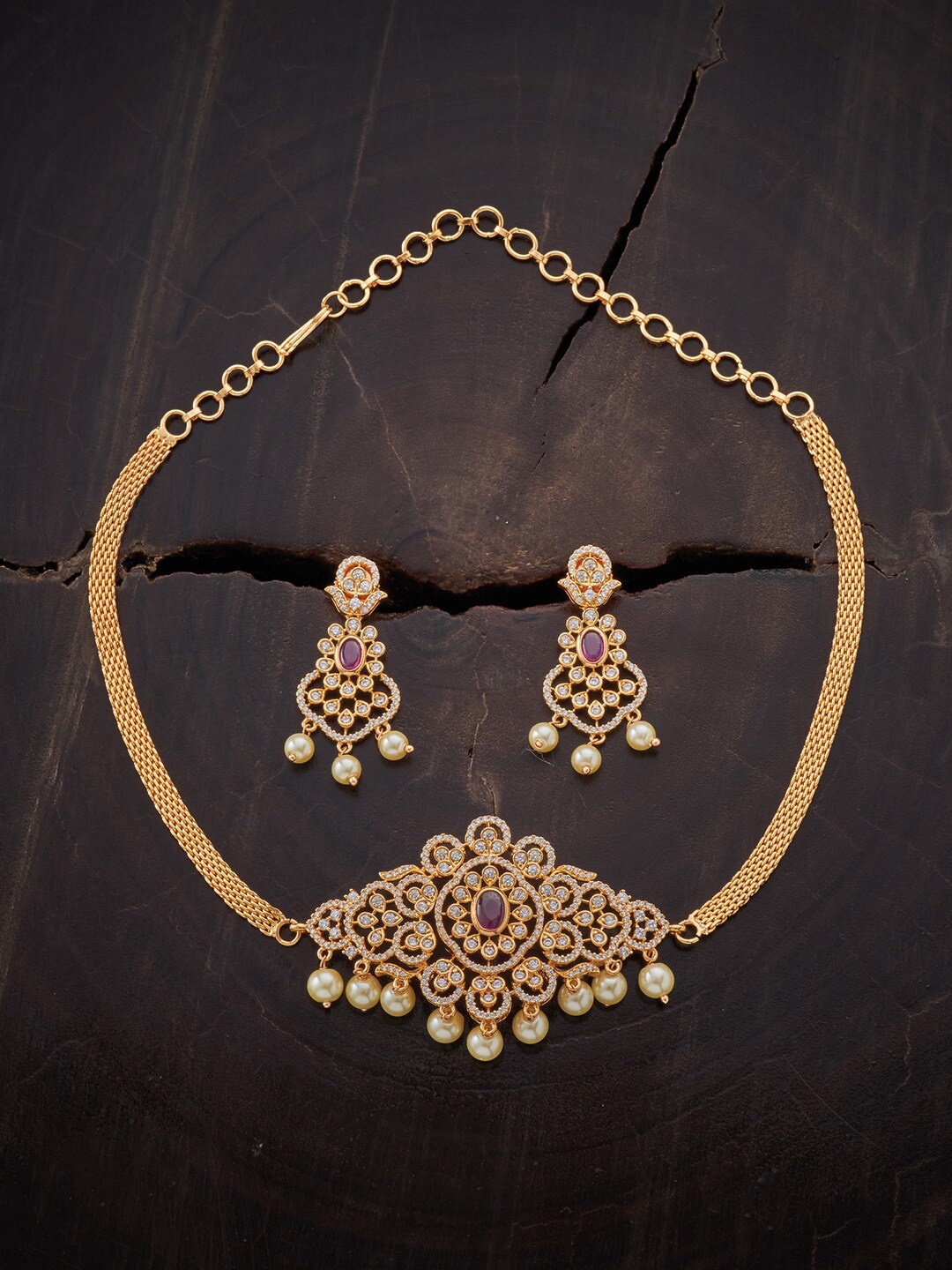 

Kushal's Fashion Jewellery Gold-Plated White CZ Studded Jewellery Set
