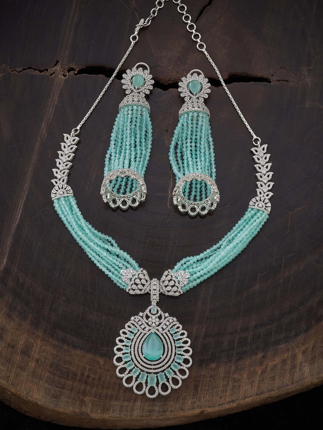 

Kushal's Fashion Jewellery Silver-Toned & Sea Green Rhodium Plated Jewellery Set