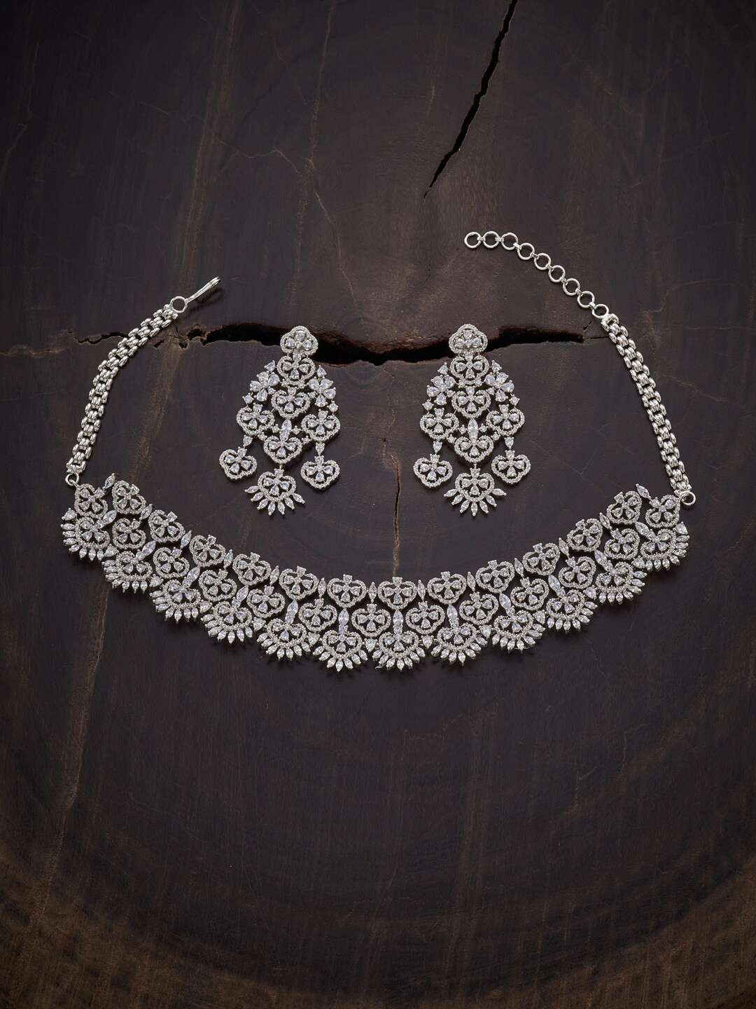

Kushal's Fashion Jewellery Silver-toned Rhodium Plated CZ Studded Choker Jewellery Set