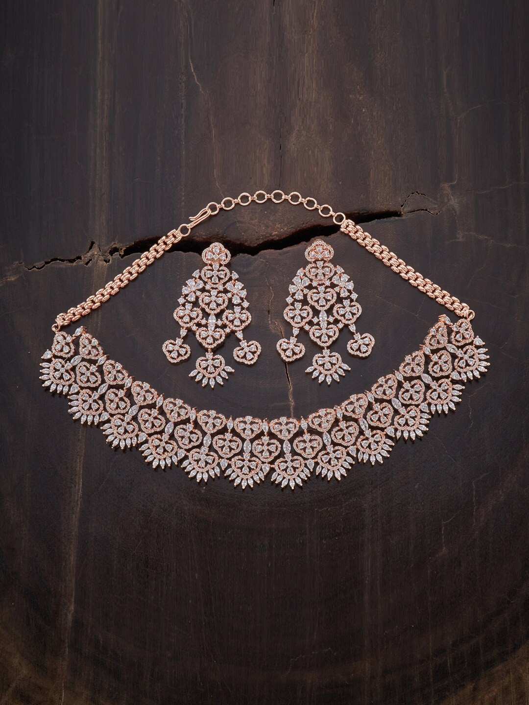 

Kushal's Fashion Jewellery Rose-Gold Plated White CZ-Studded Necklace Set