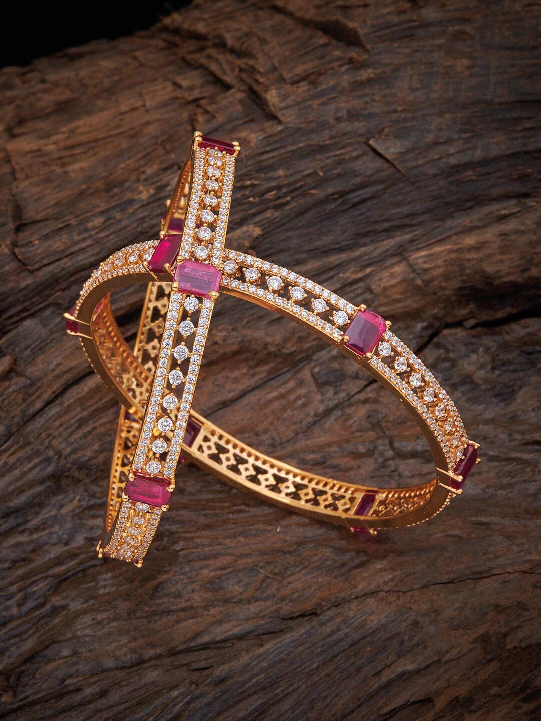 

Kushal's Fashion Jewellery Set of 2 Gold-Plated Pink & White Stone Studded Bangles