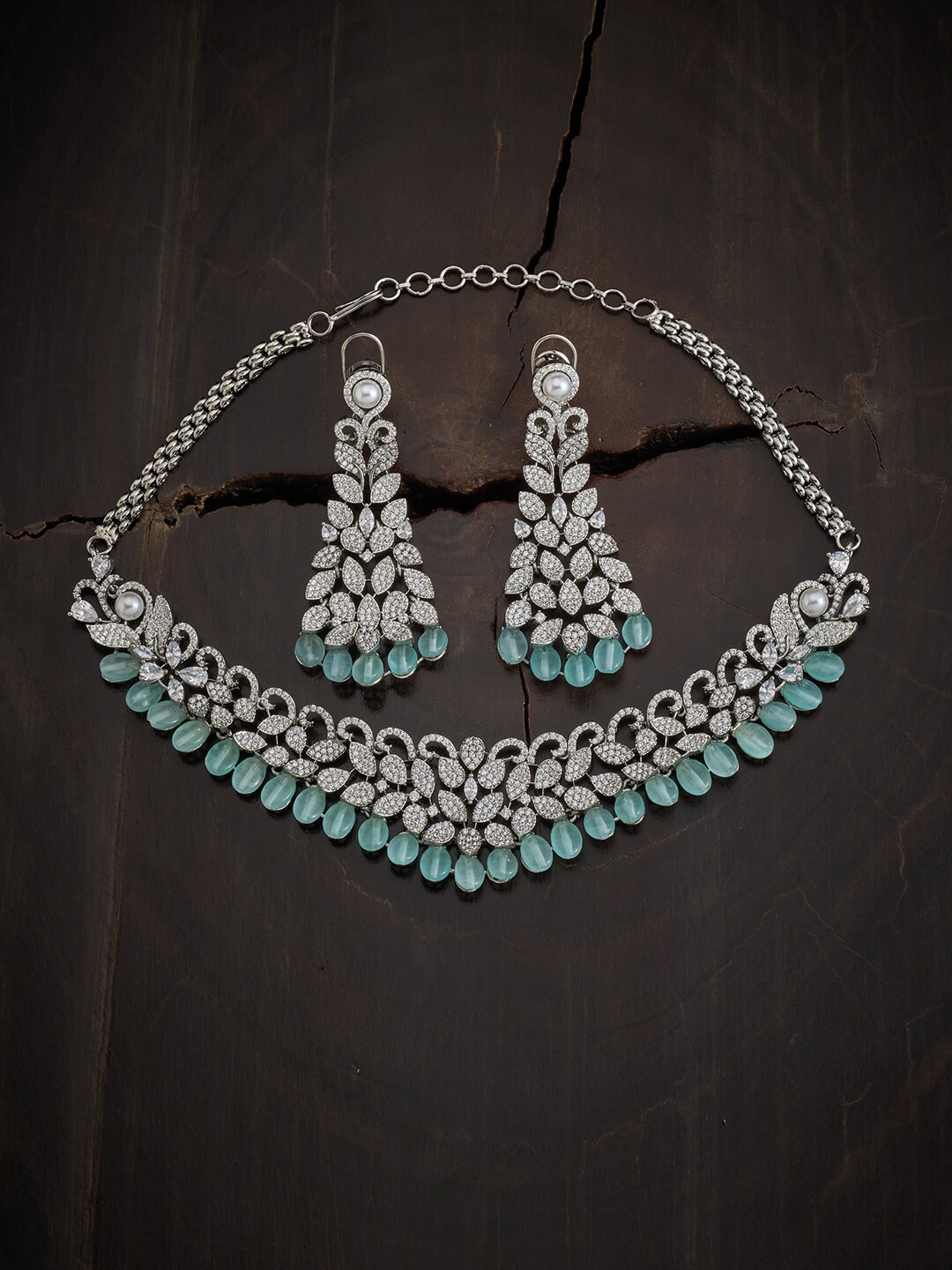 

Kushal's Fashion Jewellery Sea Green & Rhodium Plated CZ Necklace Set