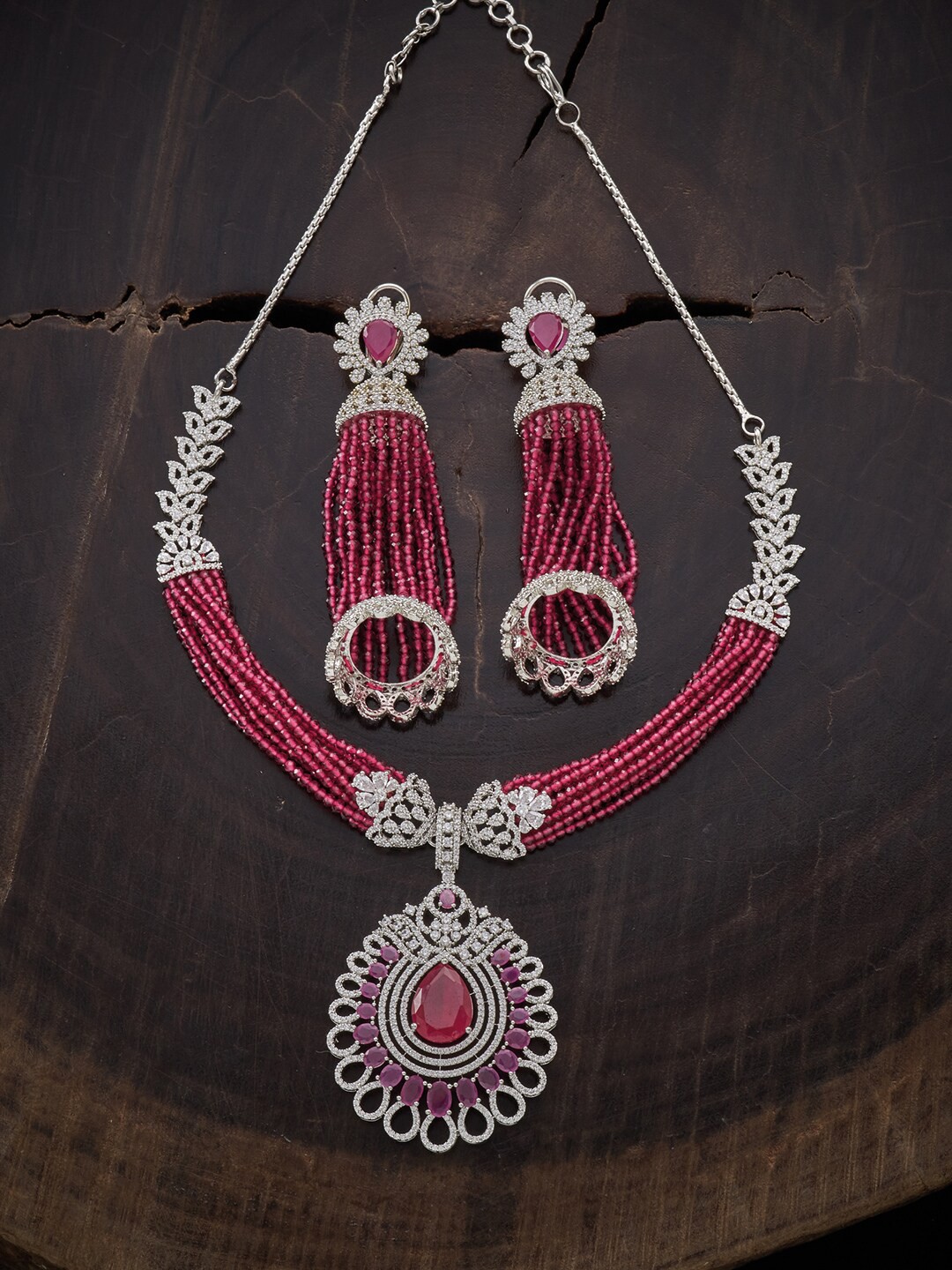 

Kushal's Fashion Jewellery Rhodium-Plated Red & White CZ Studded Jewellery Set