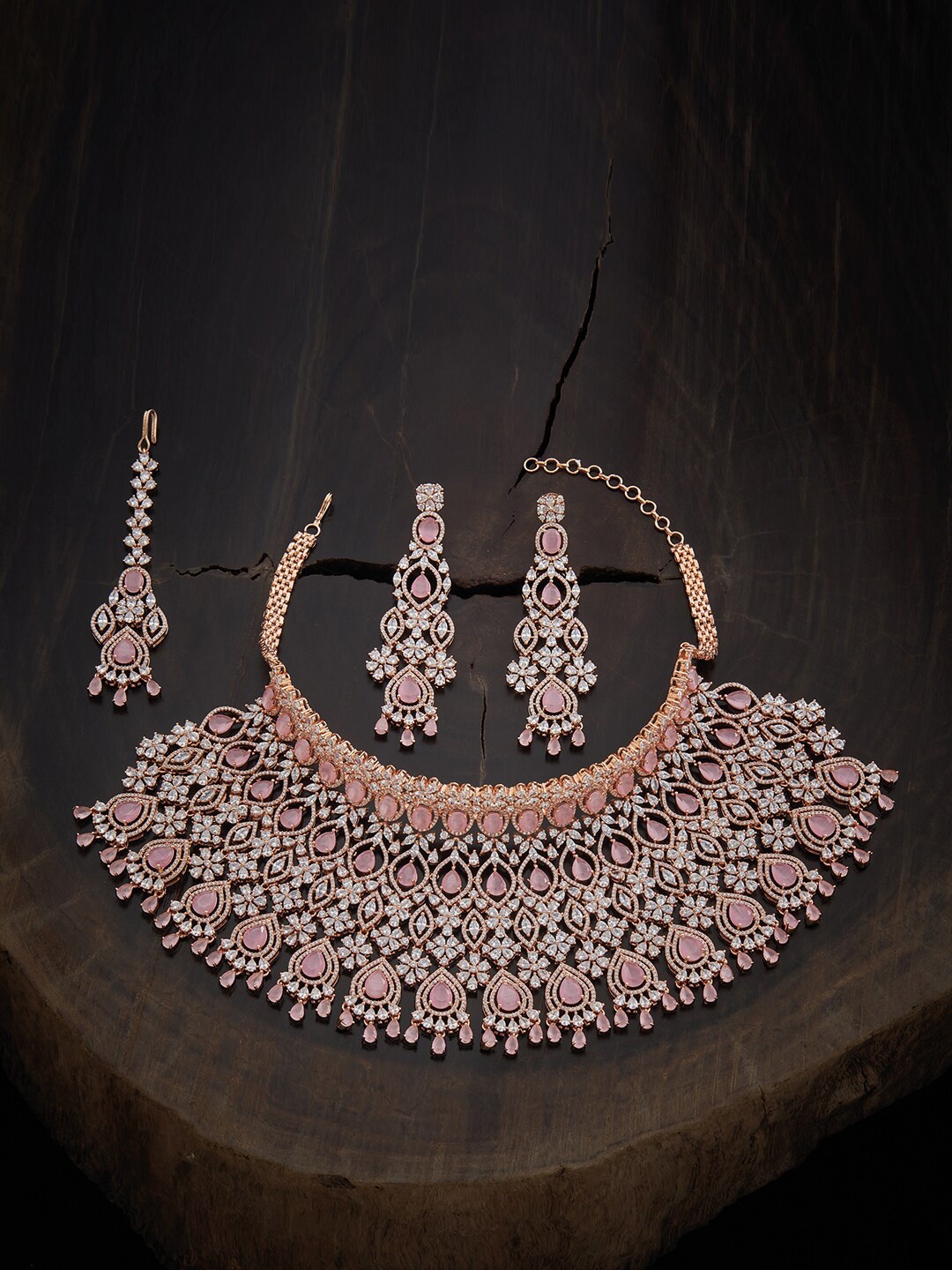 

Kushal's Fashion Jewellery Women Rose Gold-Plated Pink CZ Studded Jewellery Set