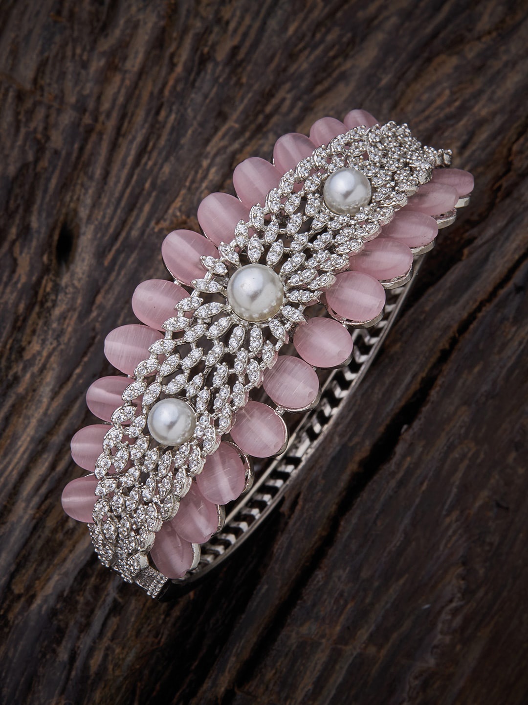 

Kushal's Fashion Jewellery Women Silver-Toned & Pink Cubic Zirconia Kada Bracelet