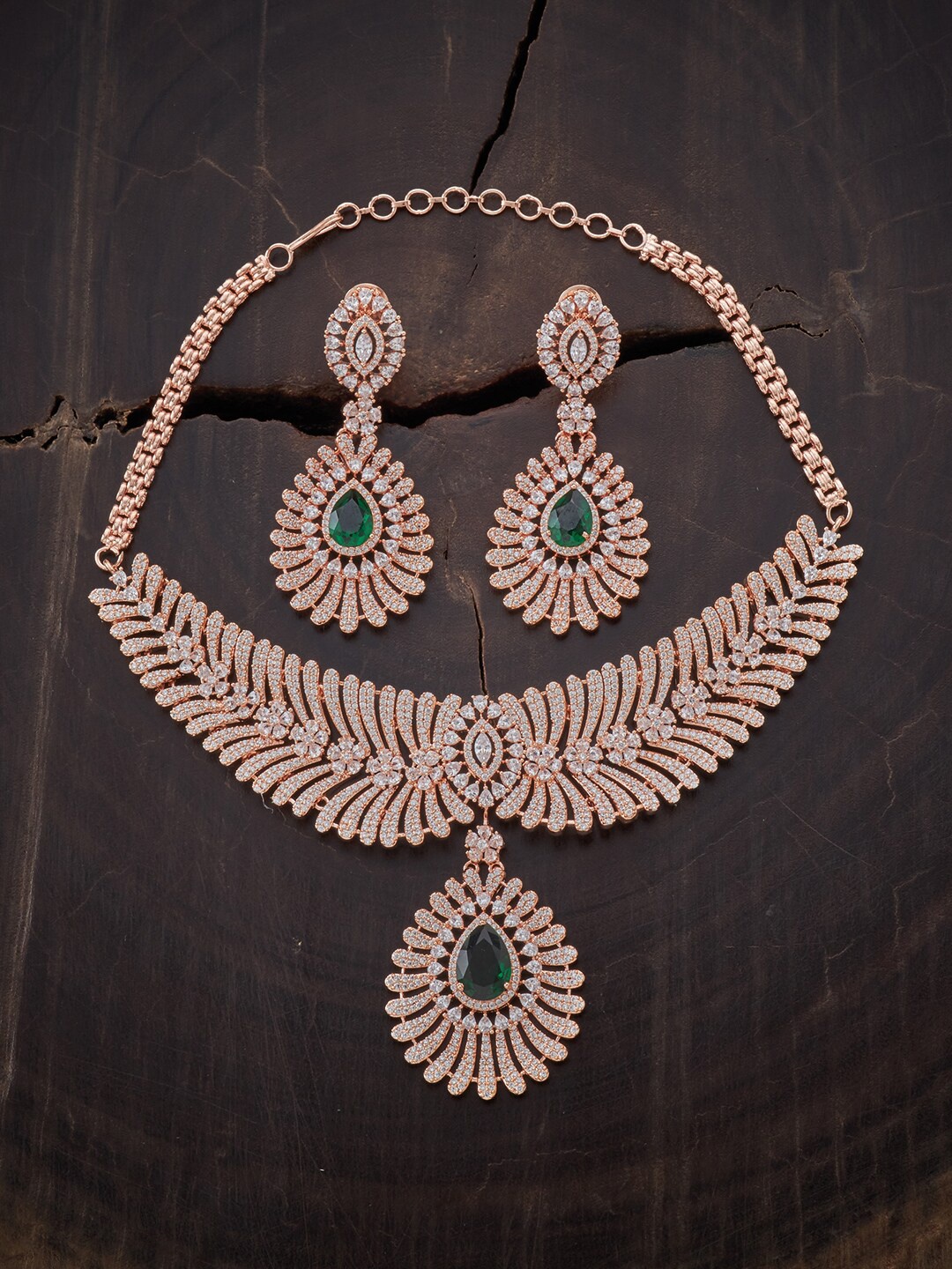 

Kushal's Fashion Jewellery Rose Gold-Plated Green & White CZ Studded Jewellery Set