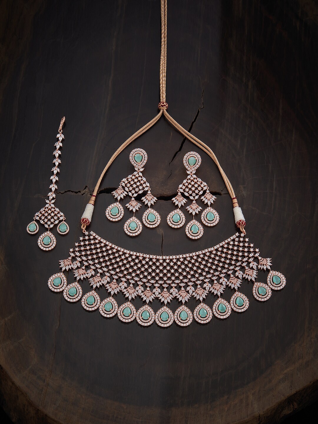 

Kushal's Fashion Jewellery Rose-Gold Plated Sea Green CZ-Studded Jewellery Set