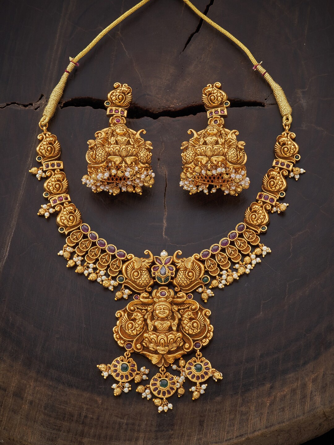 

Kushal's Fashion Jewellery Women White Gold-Plated Temple Jewellery Set, Red