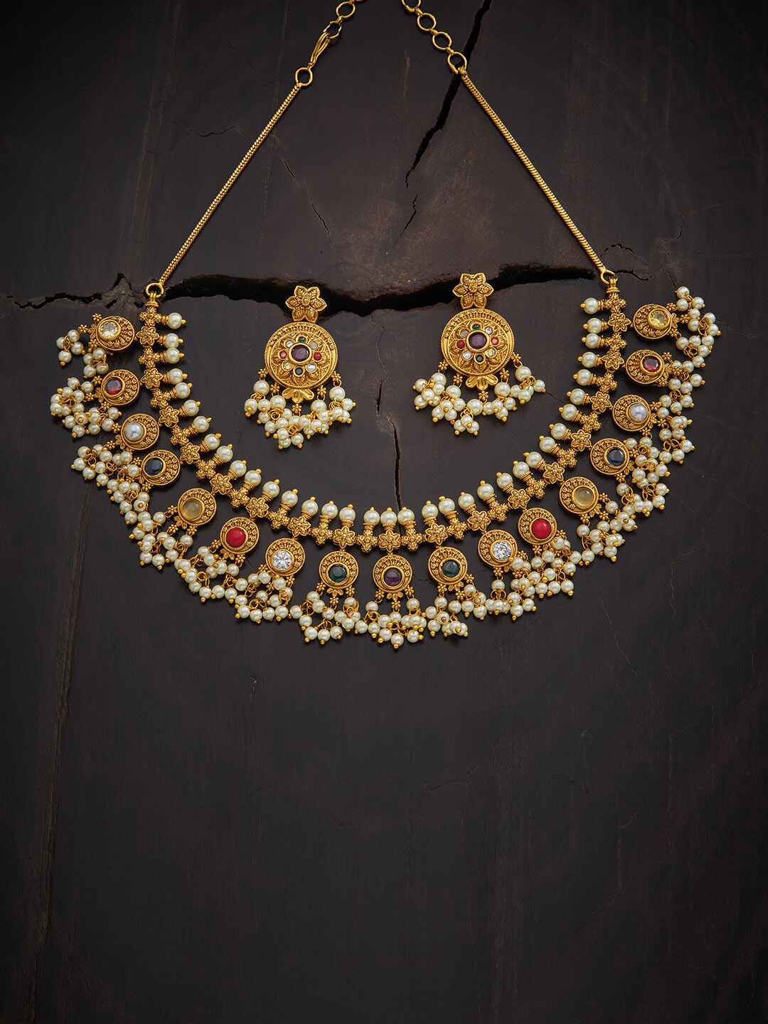 

Kushal's Fashion Jewellery Gold Plated & White Studded Navratna Jewellery Set