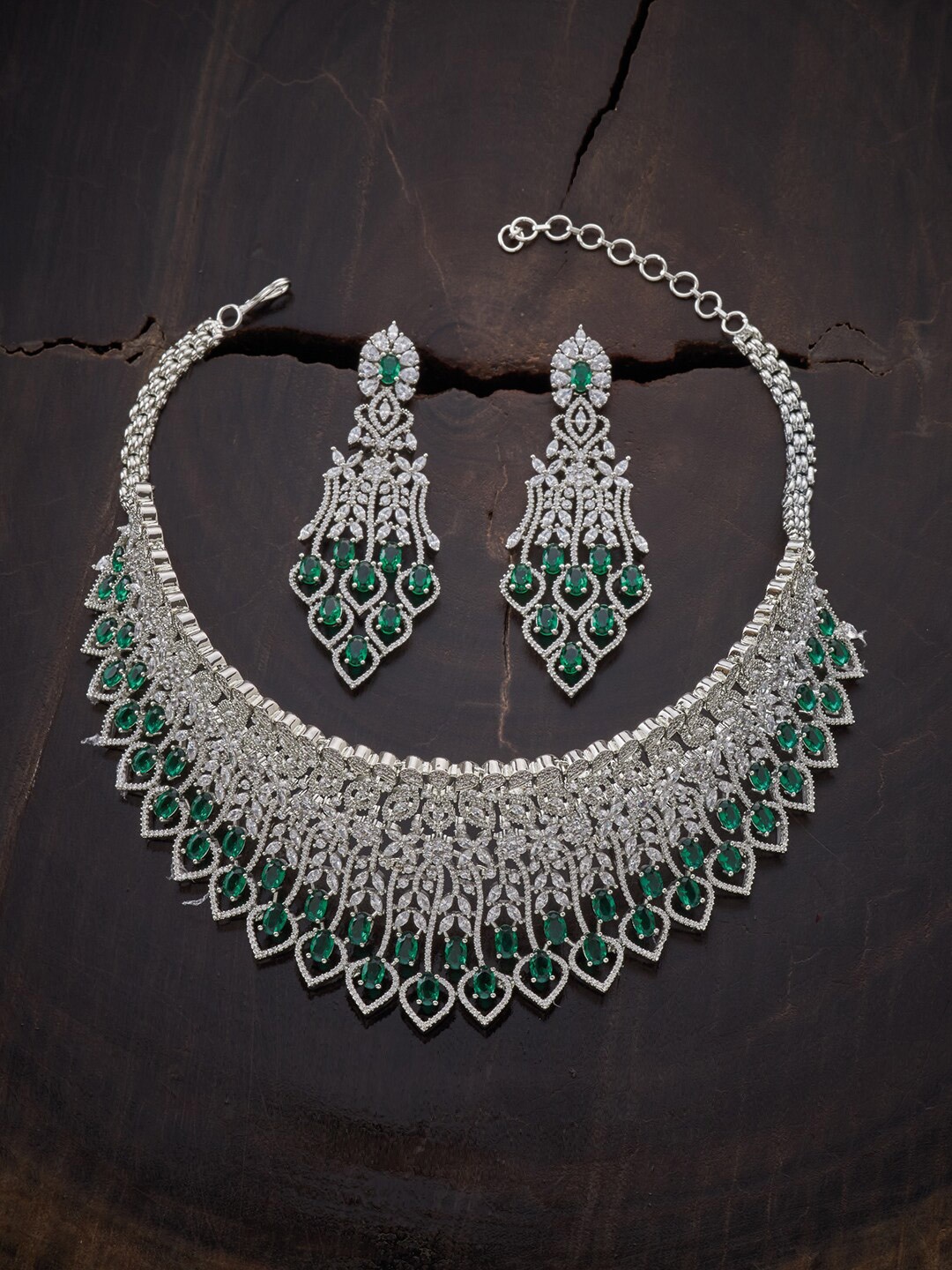 

Kushal's Fashion Jewellery Green & Rhodium Plated CZ Studded Jewellery Set
