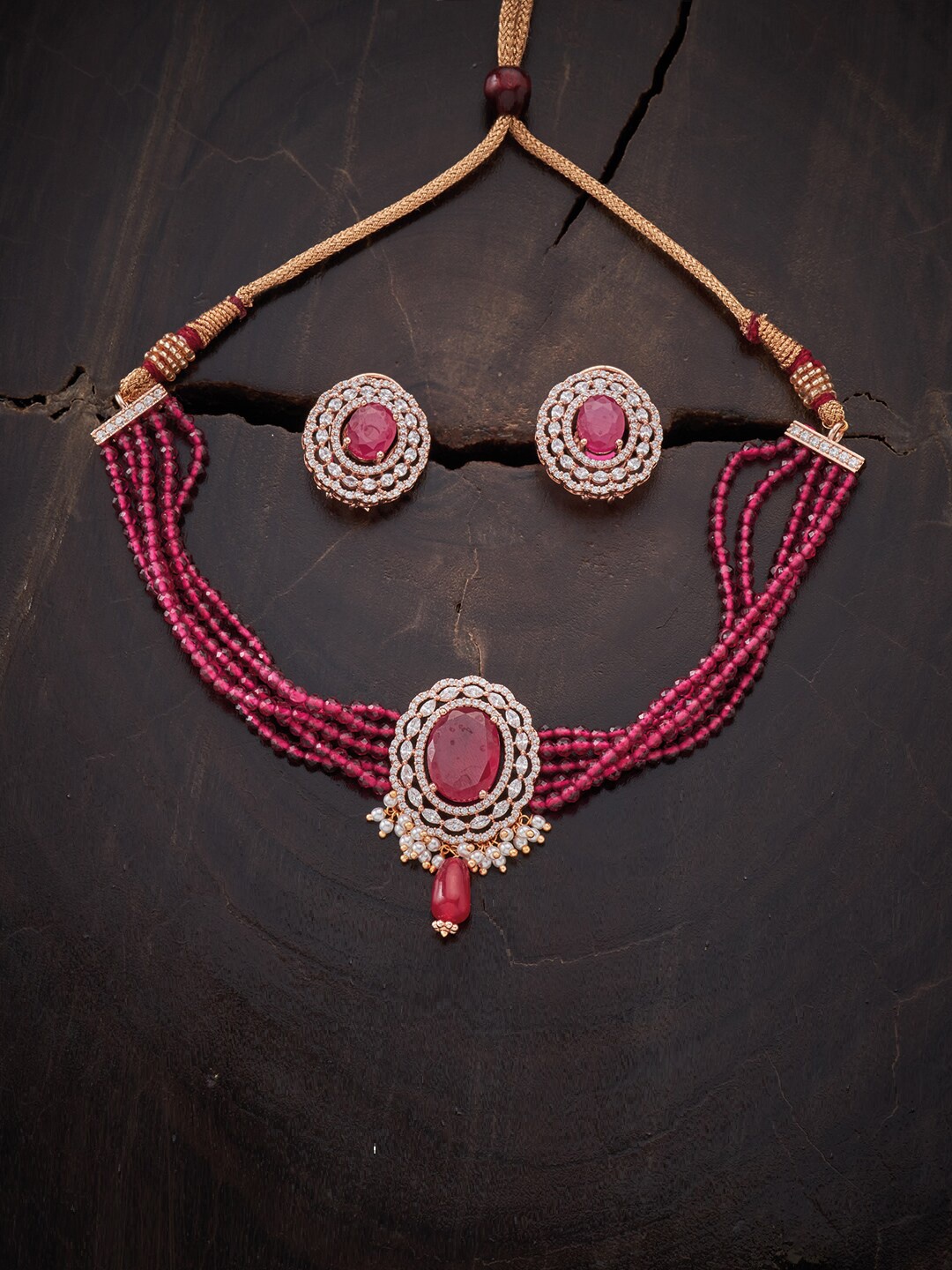 

Kushal's Fashion Jewellery Rose-Gold Plated Red CZ-Studded Layered Necklace Set