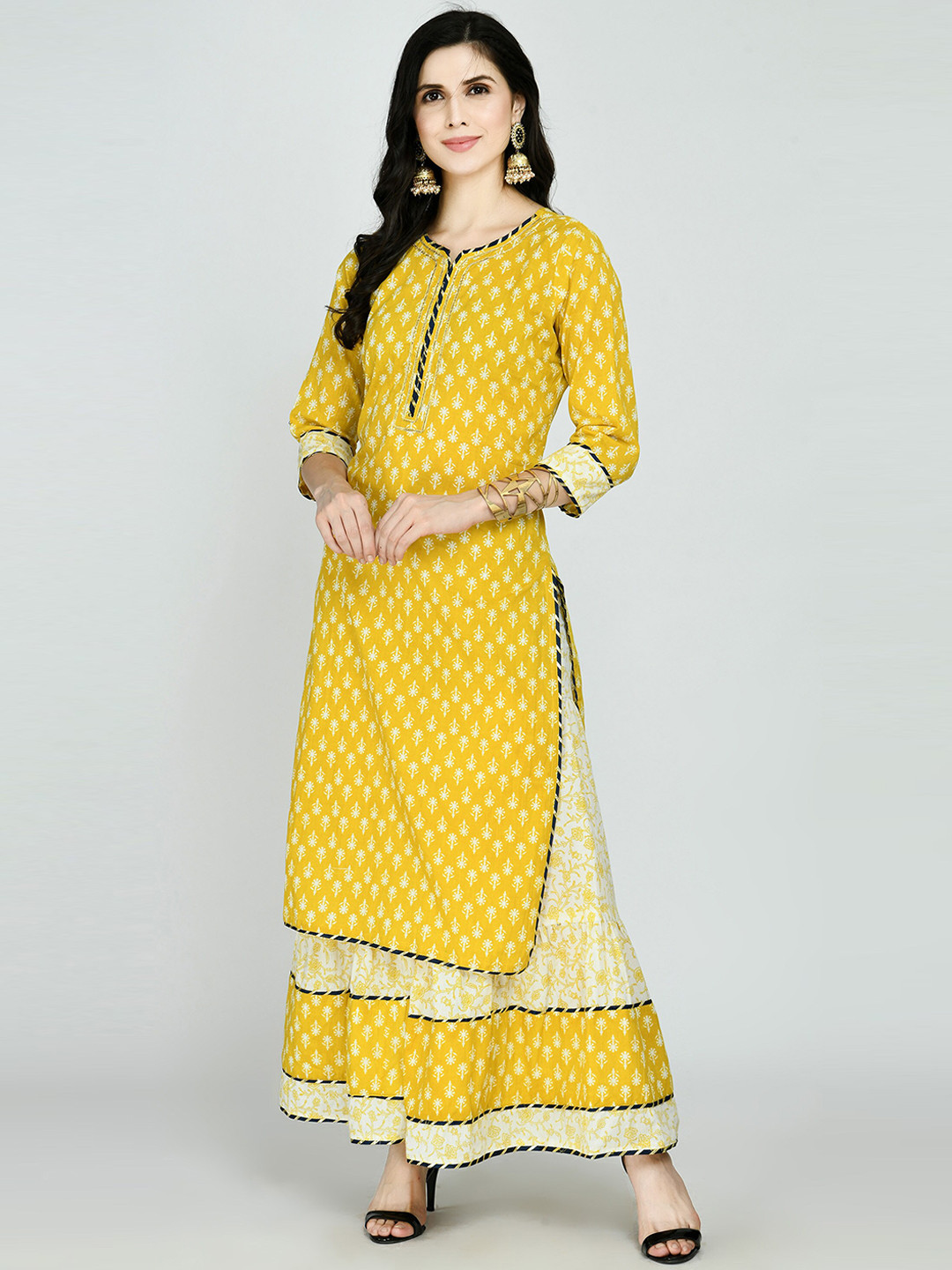

MAFE Women Yellow Ethnic Motifs Printed Layered Kurti with Skirt