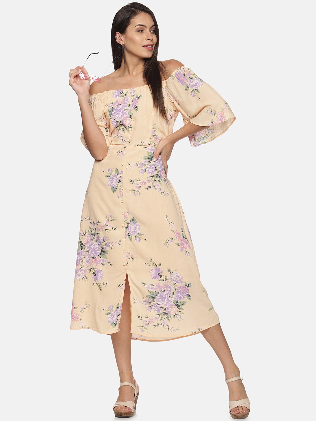 

GLORY & I Peach-Coloured & autumn blonde Floral A-Line Midi Dress