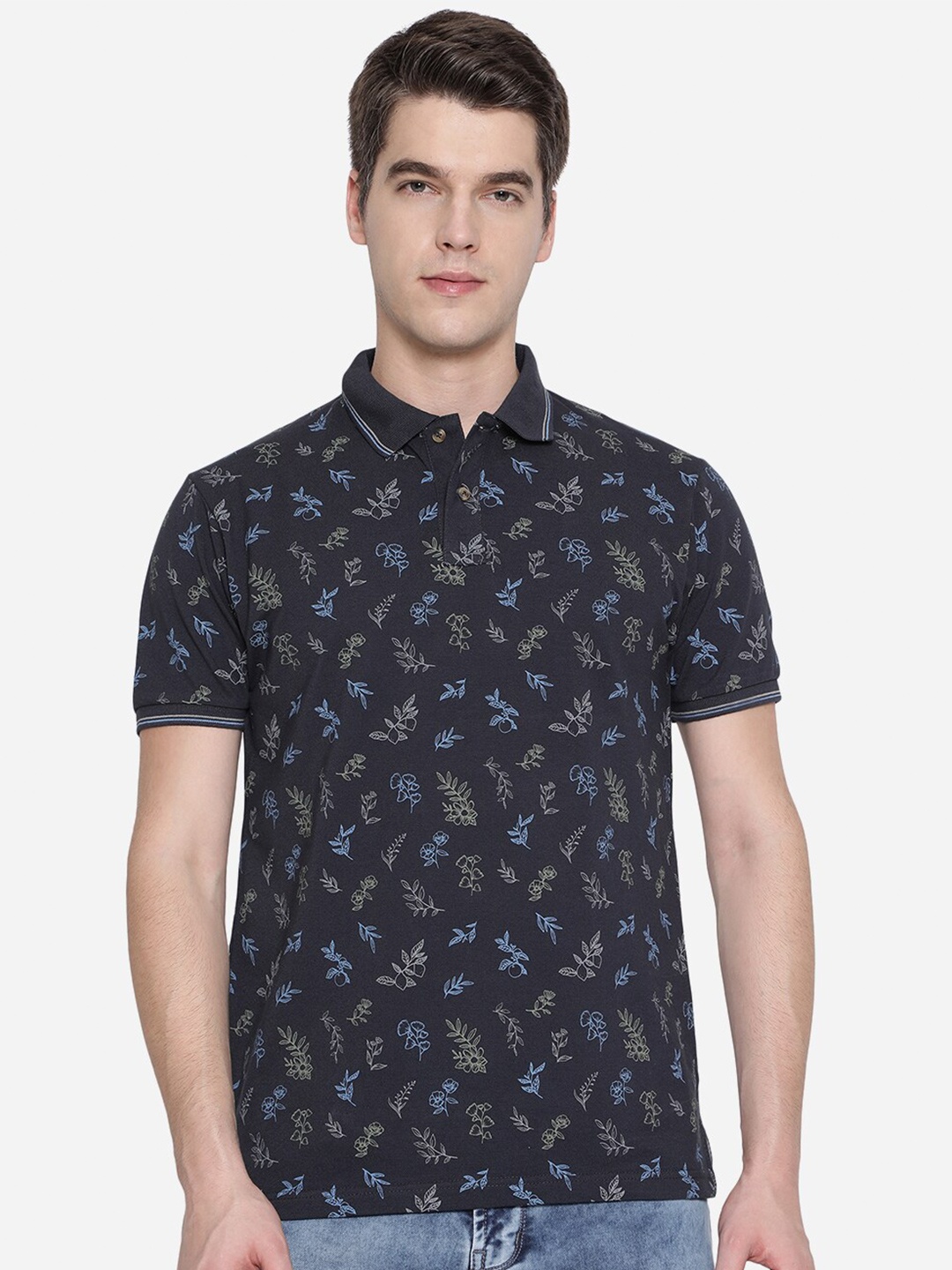 

Greenfibre Men Navy Blue & reflecting pond Printed Polo Collar Slim Fit T-shirt