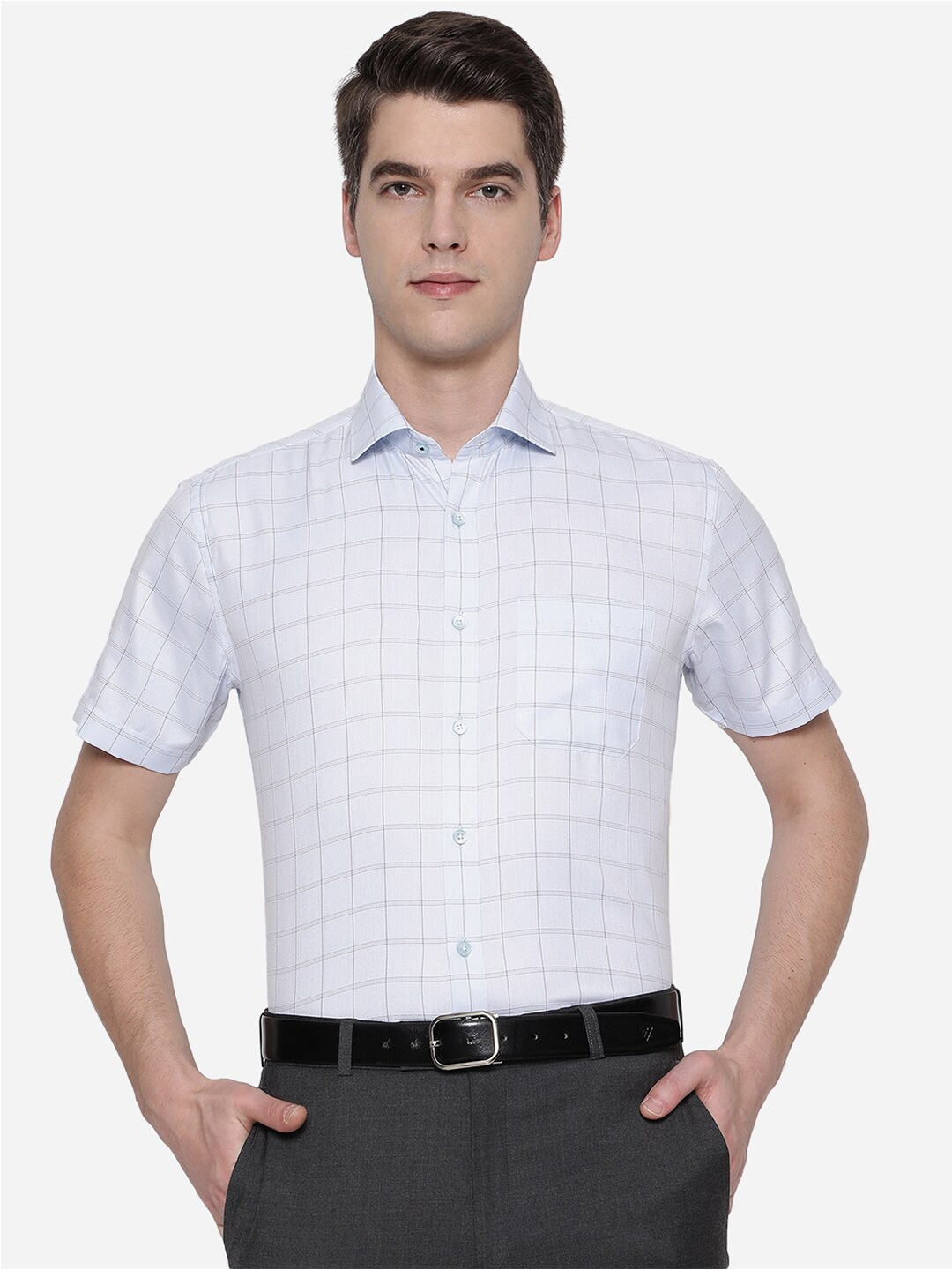 

Greenfibre Men Blue Windowpane Checks Checked Formal Shirt