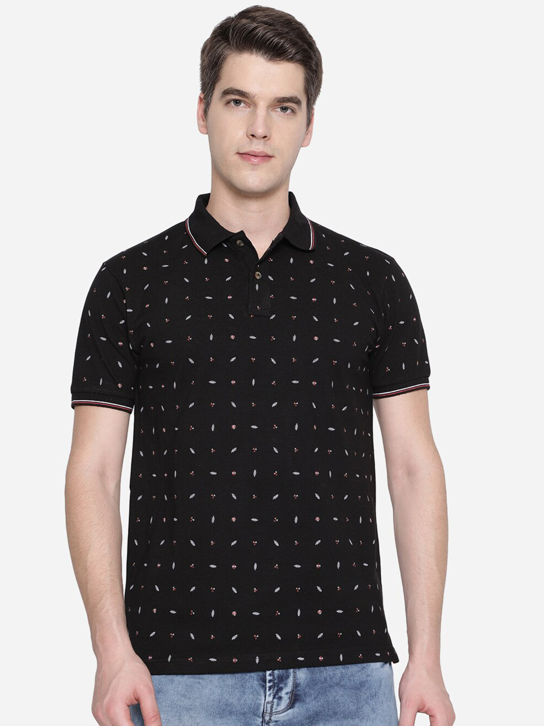 

Greenfibre Men Black Printed Polo Collar Slim Fit T-shirt