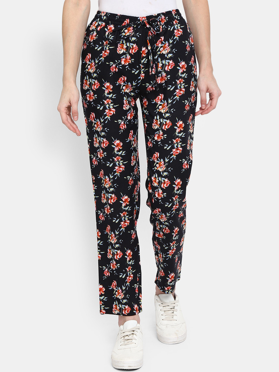 

V-Mart Women Black & Red Floral Printed Regular-Fit Track Pants