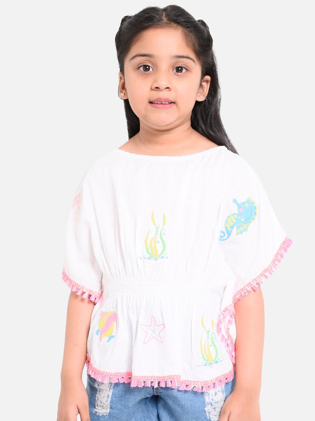 

Nauti Nati White Floral Print Extended Sleeves Kaftan Top
