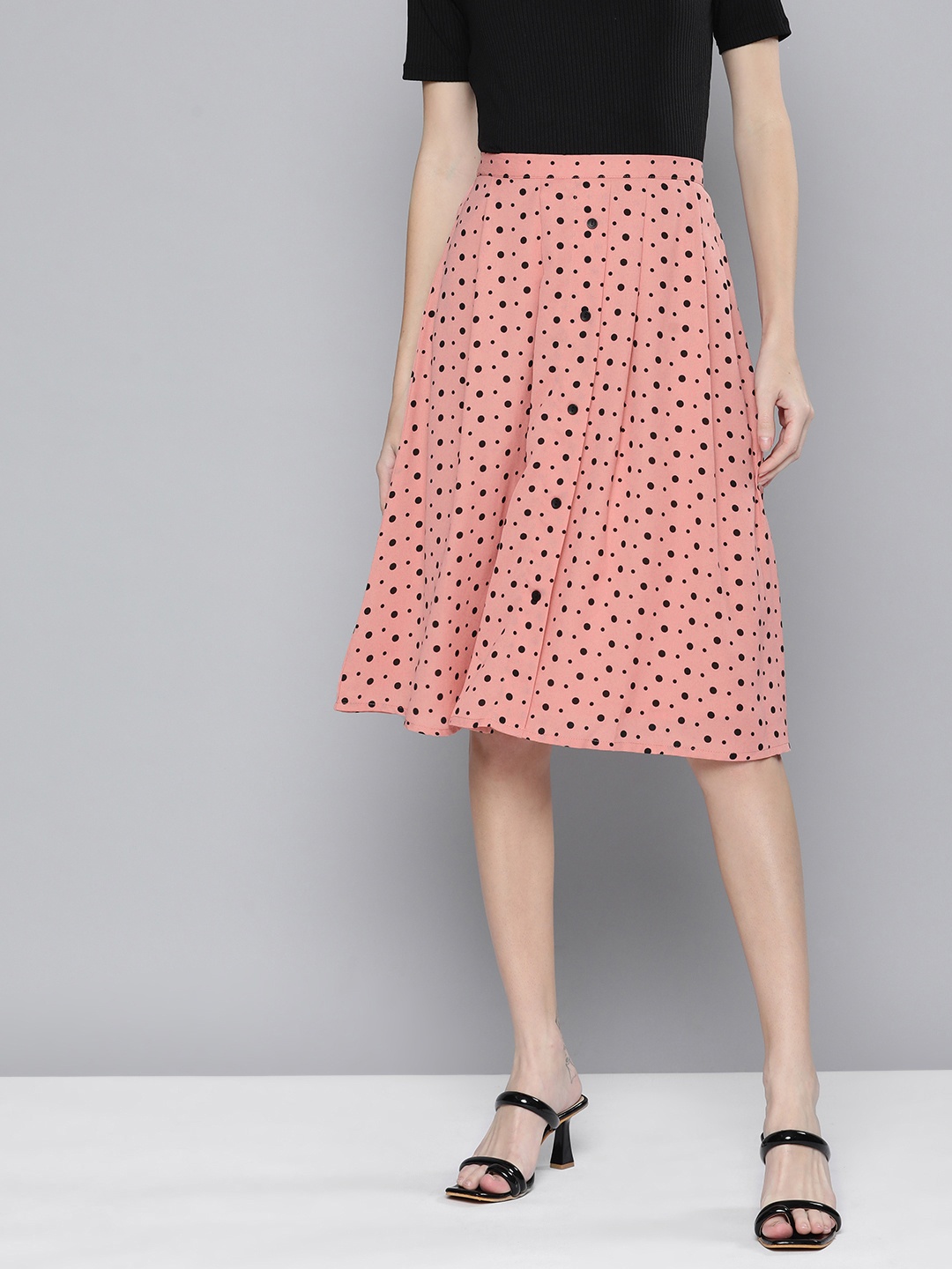 

HERE&NOW Polka Dots Printed Pleated Flared A-Line Skirt, Peach